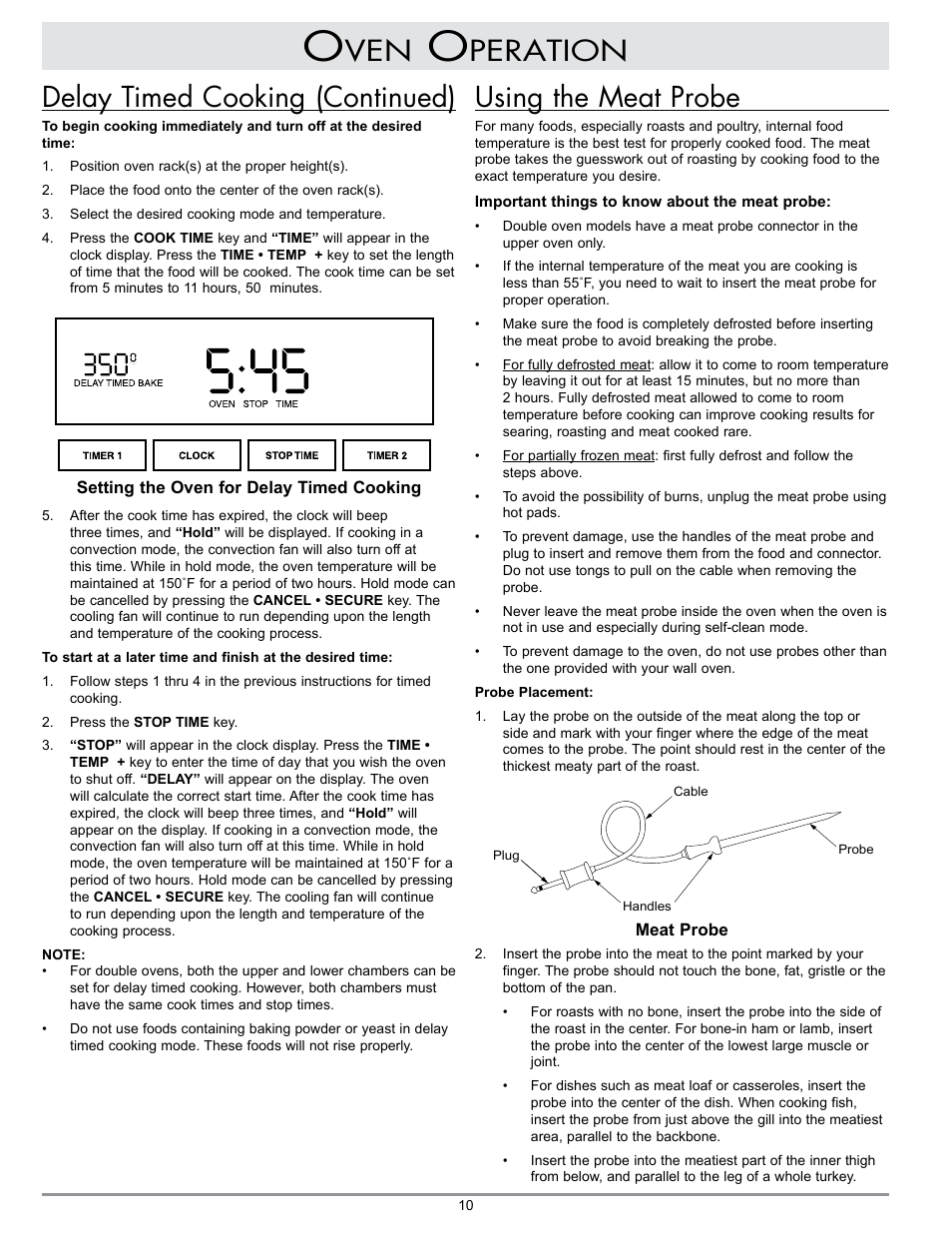 Delay timed cooking (continued), Using the meat probe, Peration | Dacor MCD User Manual | Page 12 / 24