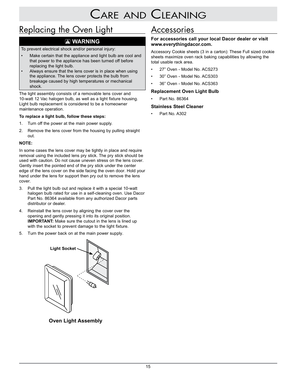 Leaning replacing the oven light, Accessories | Dacor MCD User Manual | Page 17 / 24