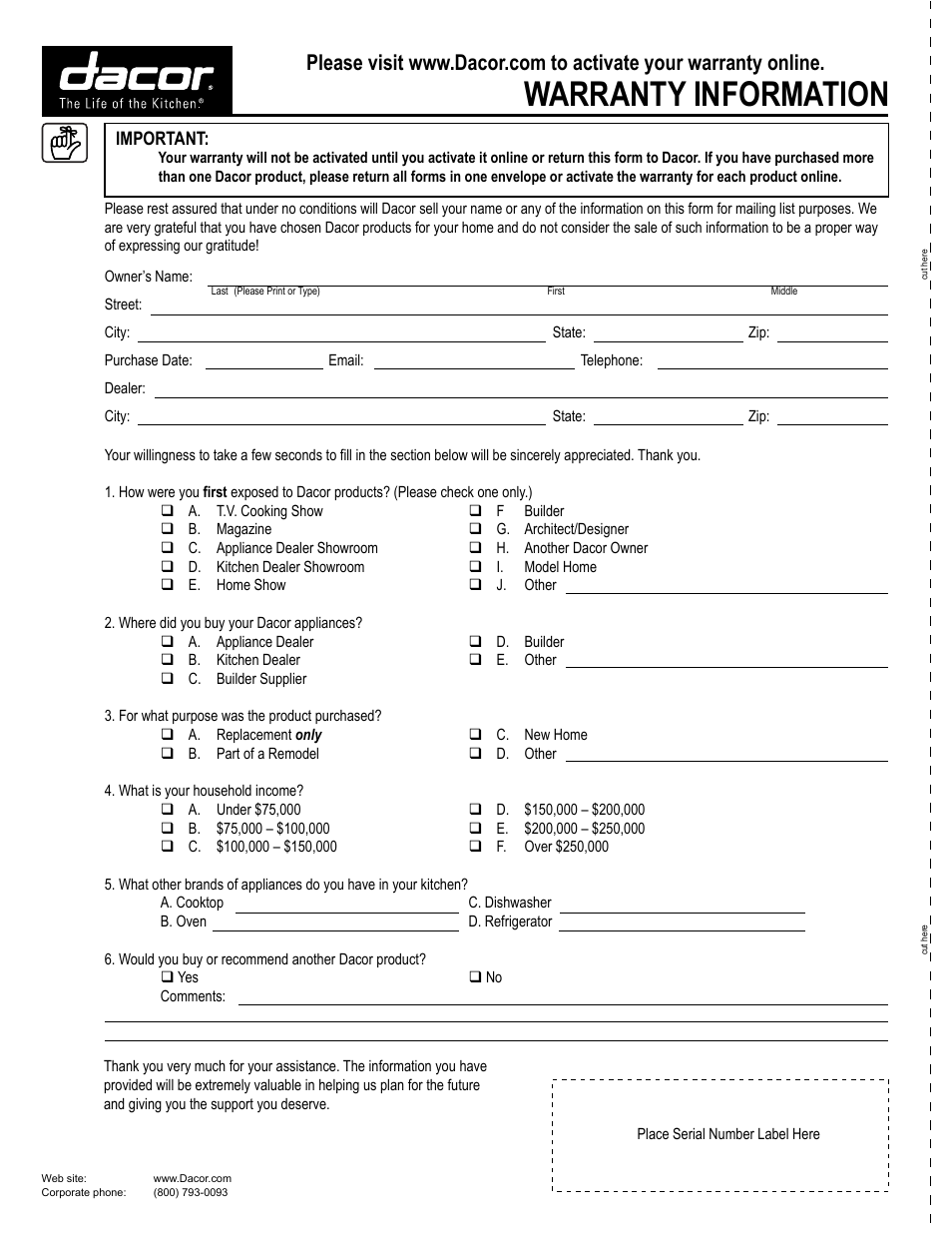 Warranty information | Dacor MCD User Manual | Page 24 / 24