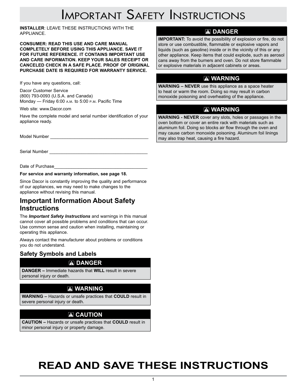 Read and save these instructions, Mportant, Afety | Nstructions, Important information about safety instructions | Dacor MCD User Manual | Page 3 / 24