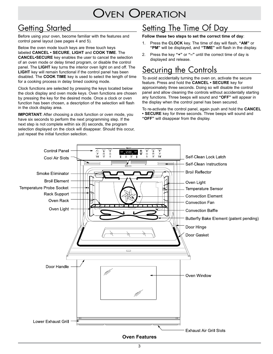 Peration getting started, Setting the time of day, Securing the controls | Dacor MCD User Manual | Page 5 / 24
