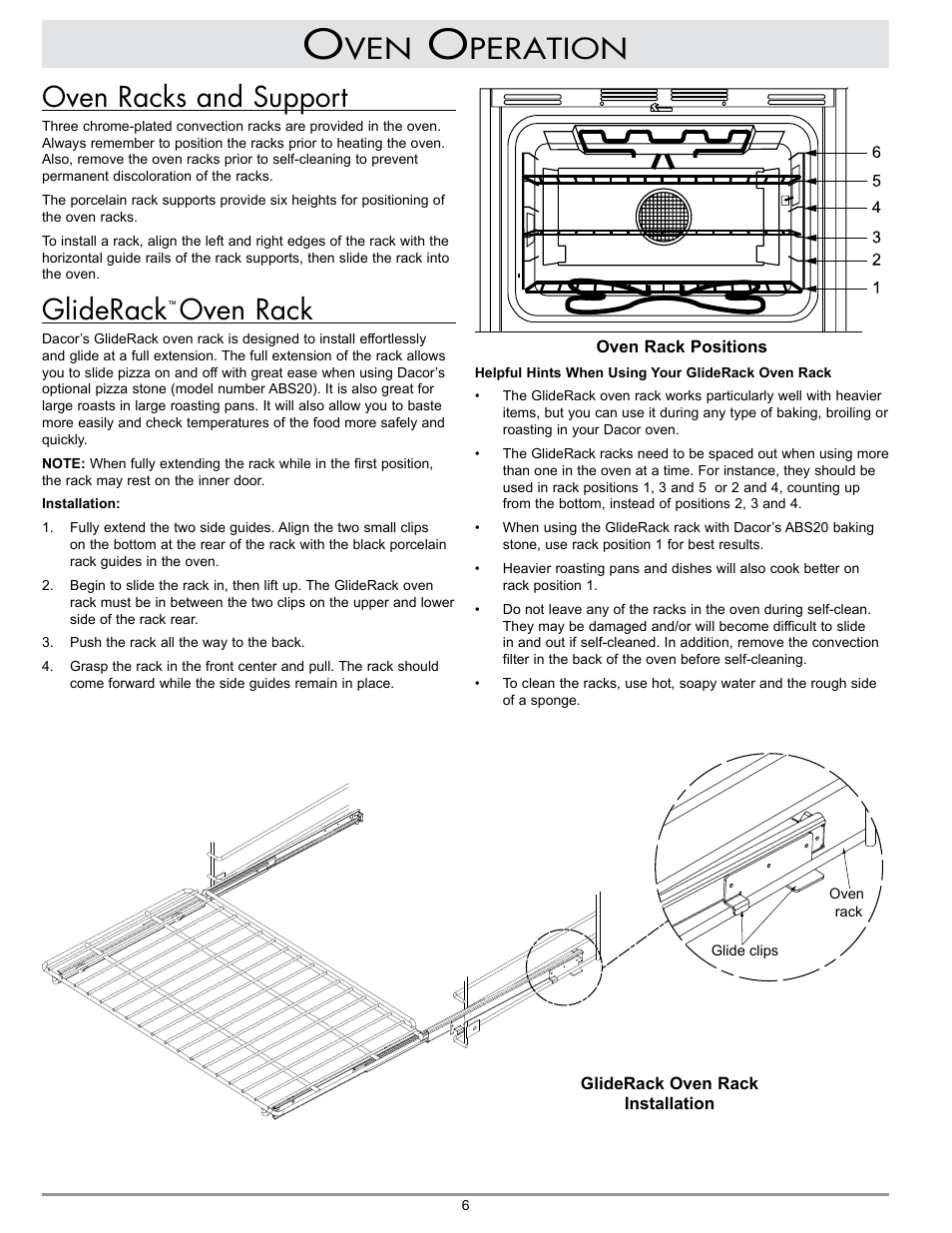 Peration, Oven racks and support, Gliderack | Oven rack | Dacor MCD User Manual | Page 8 / 24