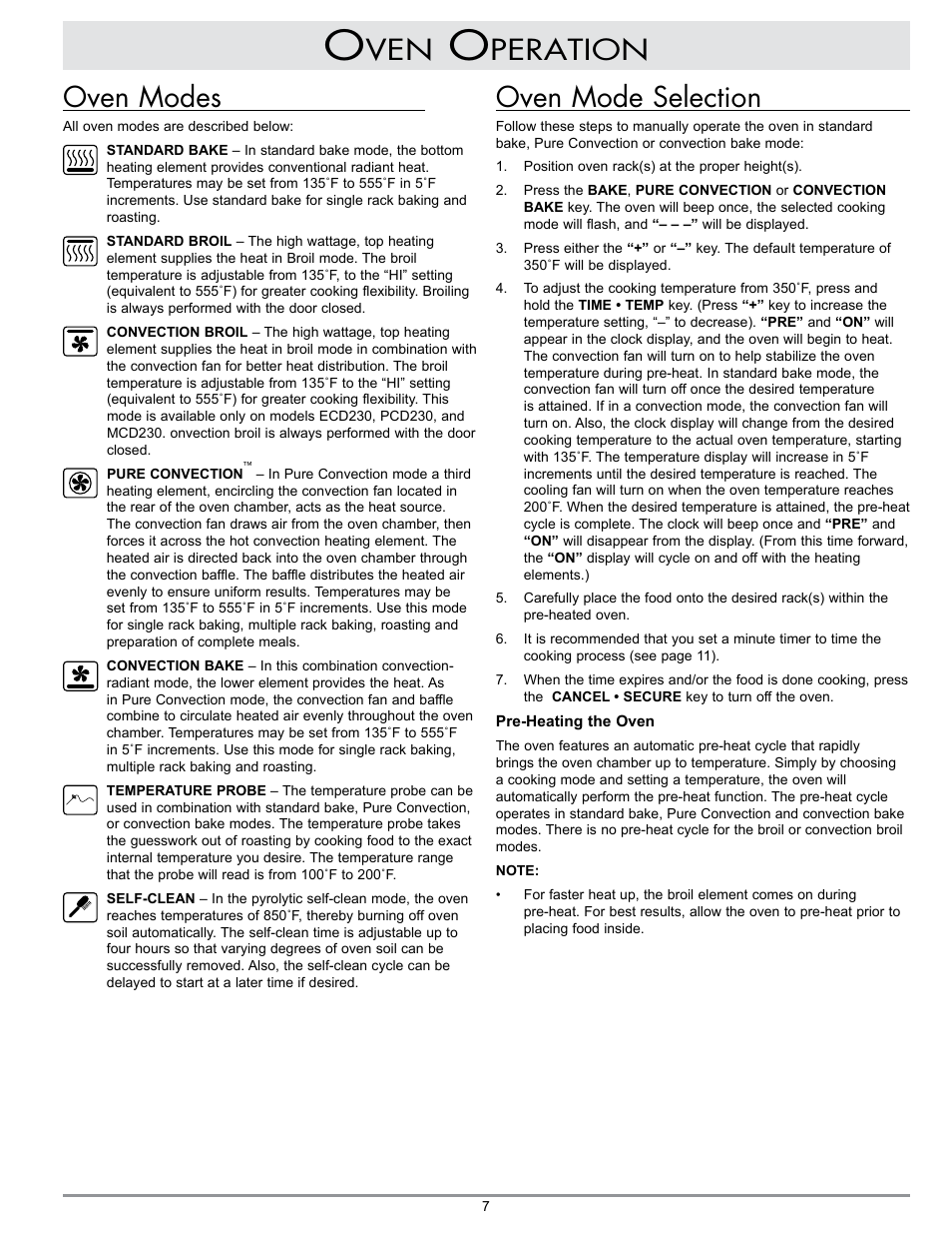 Oven mode selection, Peration, Oven modes | Dacor MCD User Manual | Page 9 / 24