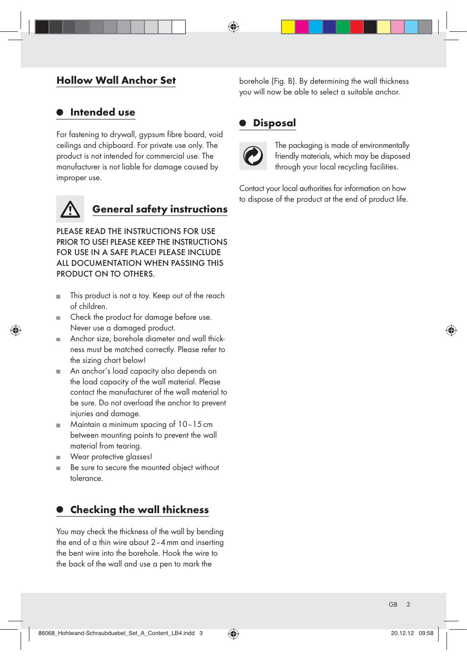 Hollow wall anchor set, Intended use, General safety instructions | Checking the wall thickness, Disposal | Powerfix Z31403A User Manual | Page 3 / 12