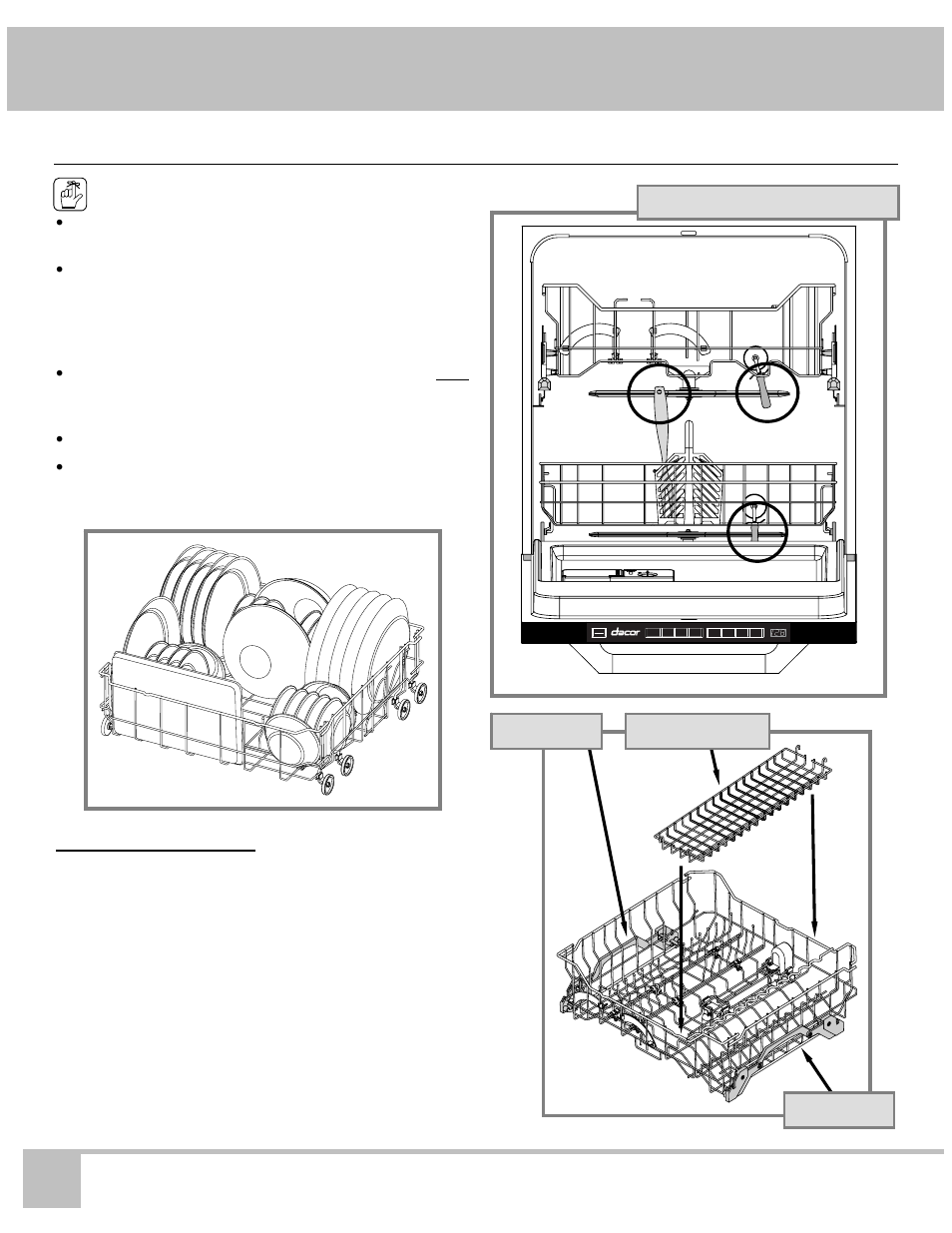 Loading your dishwasher, Dacor, Dishwasher | Loading the racks | Dacor ED24 User Manual | Page 12 / 32