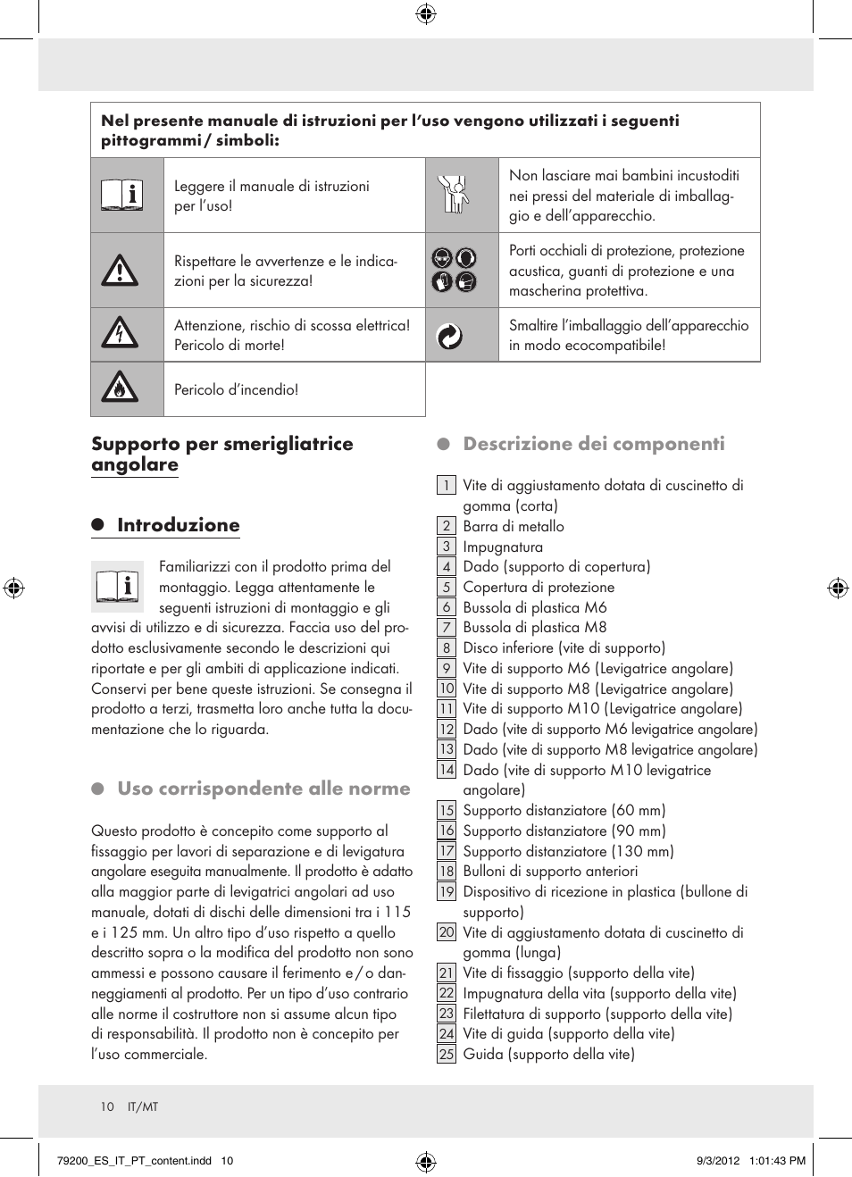 Supporto per smerigliatrice angolare, Introduzione, Uso corrispondente alle norme | Descrizione dei componenti | Powerfix Z15003 User Manual | Page 10 / 36