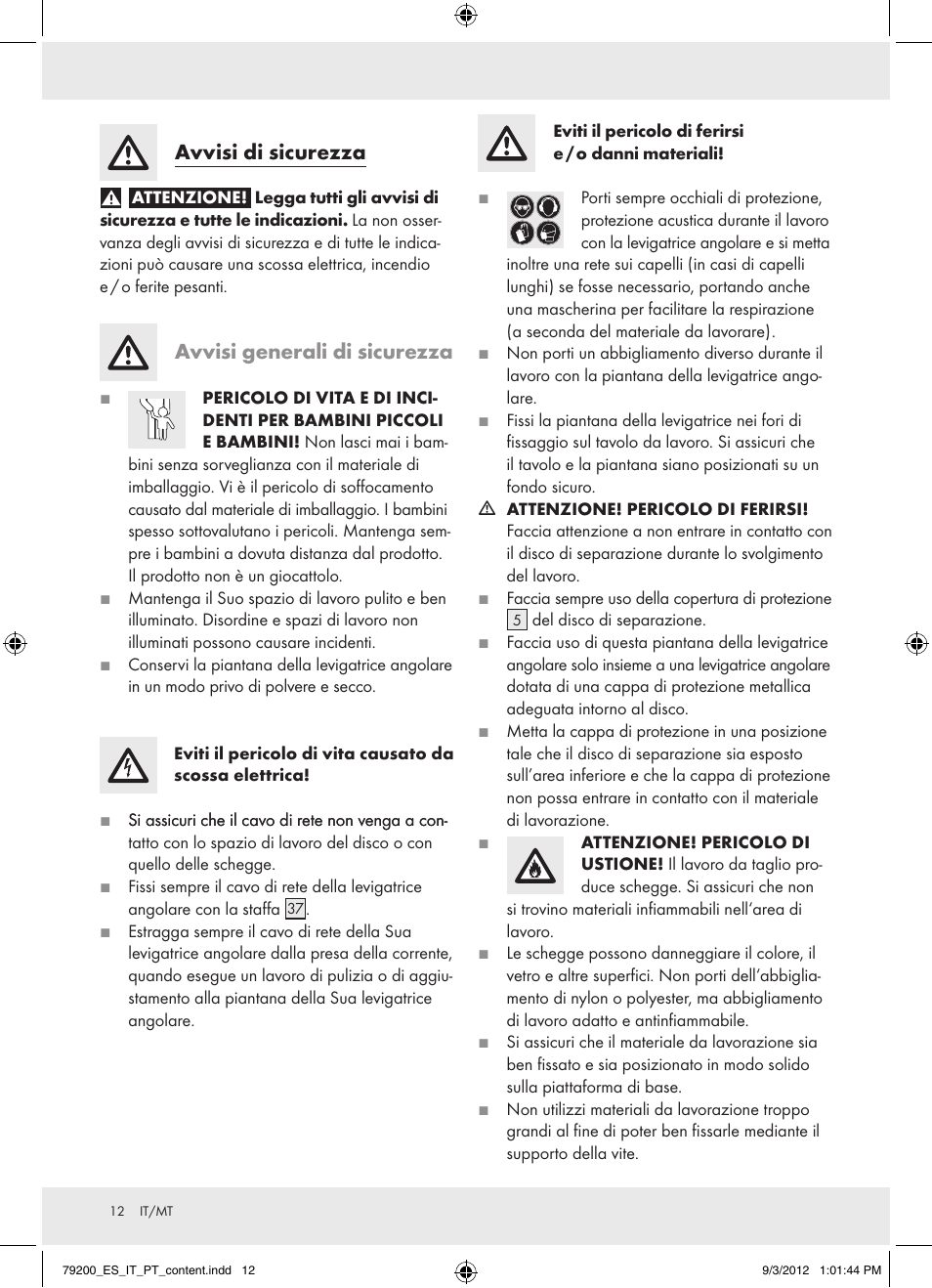 Avvisi di sicurezza, Avvisi generali di sicurezza | Powerfix Z15003 User Manual | Page 12 / 36