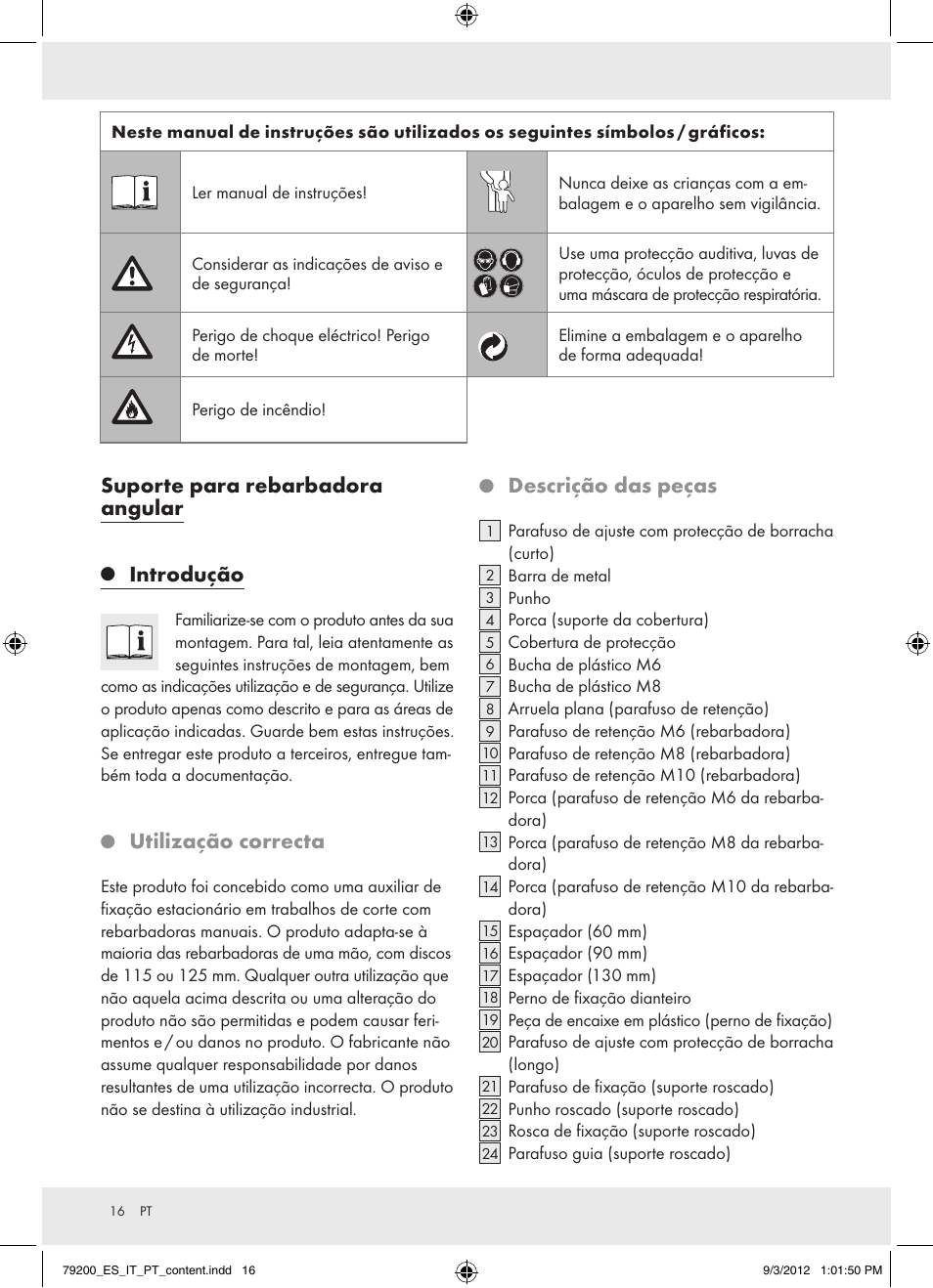 Suporte para rebarbadora angular, Introdução, Utilização correcta | Descrição das peças | Powerfix Z15003 User Manual | Page 16 / 36