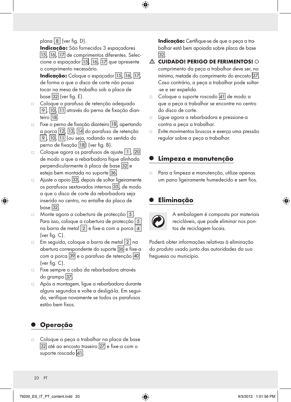 Operação, Limpeza e manutenção, Eliminação | Powerfix Z15003 User Manual | Page 20 / 36