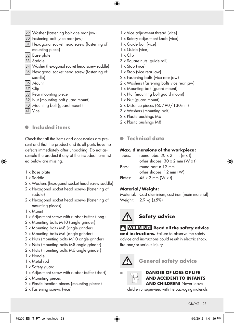 Included items, Technical data, Safety advice | General safety advice | Powerfix Z15003 User Manual | Page 23 / 36