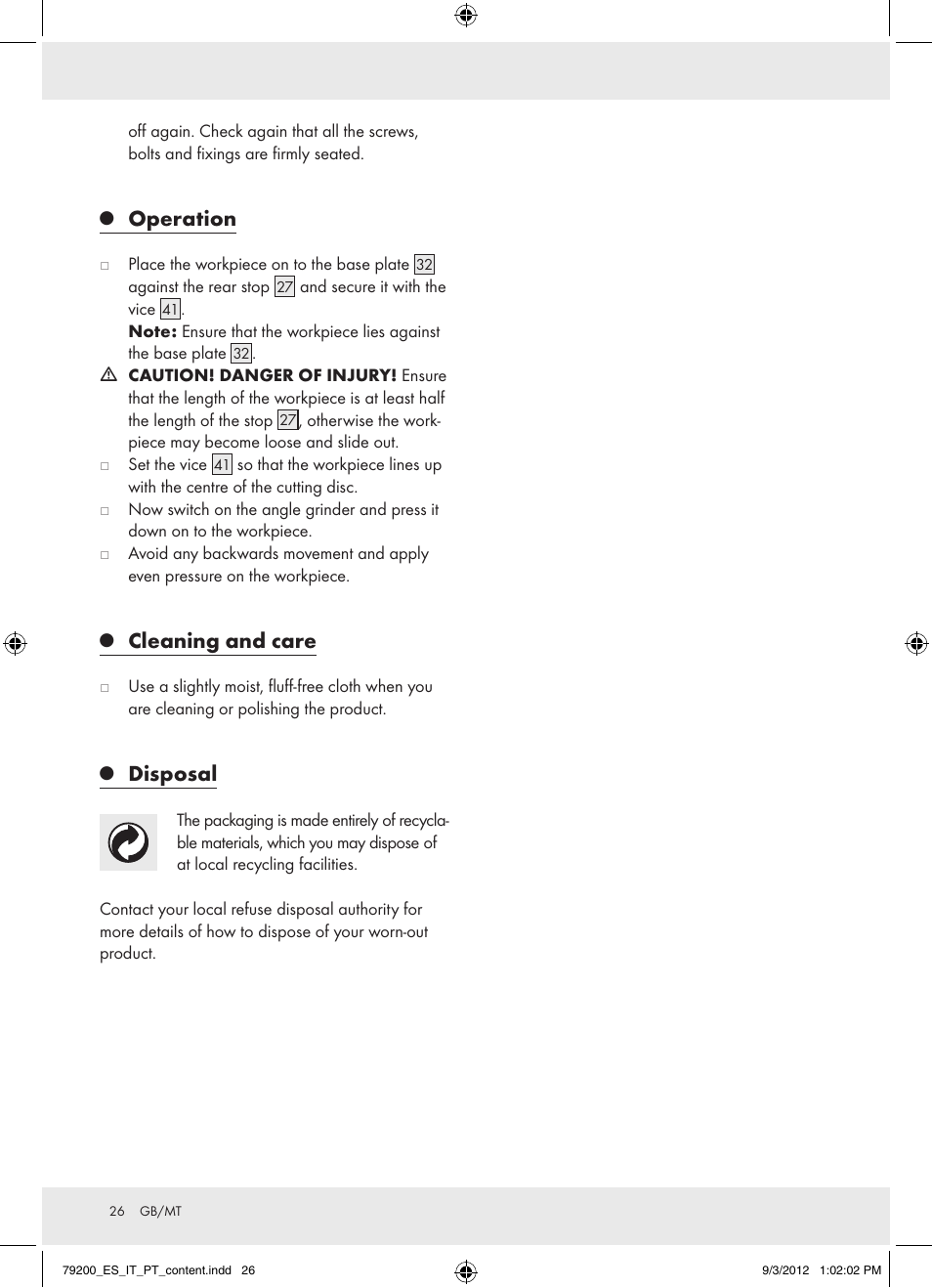Operation, Cleaning and care, Disposal | Powerfix Z15003 User Manual | Page 26 / 36