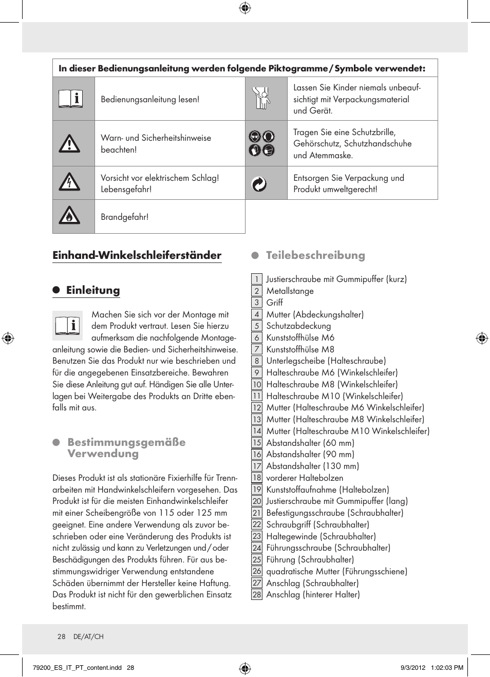Einhand-winkelschleiferständer, Einleitung, Bestimmungsgemäße verwendung | Teilebeschreibung | Powerfix Z15003 User Manual | Page 28 / 36