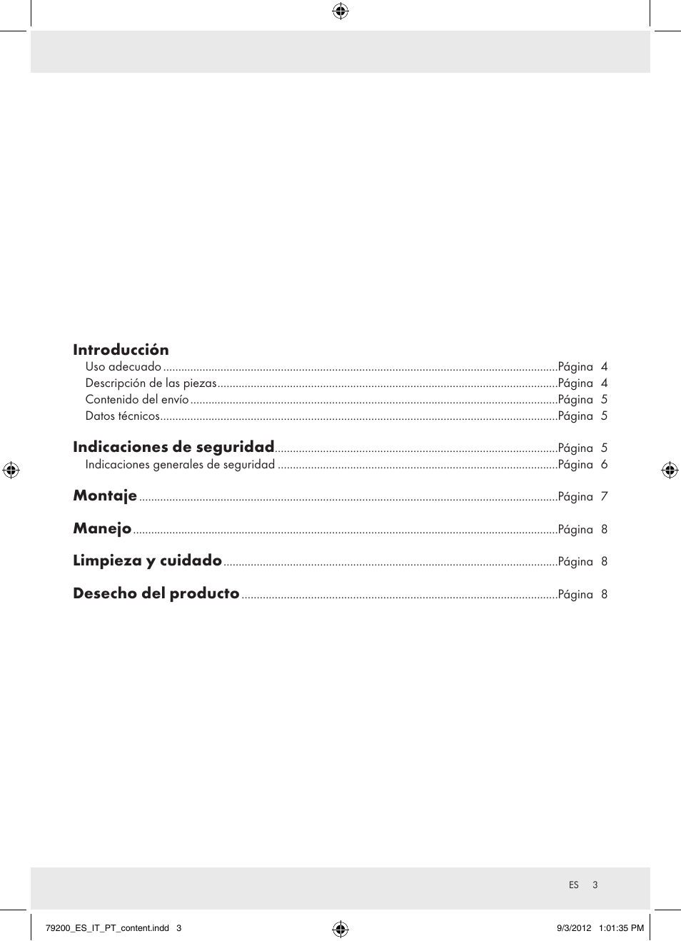 79200_es_it_pt_content, Introducción, Indicaciones de seguridad | Montaje, Manejo, Limpieza y cuidado, Desecho del producto | Powerfix Z15003 User Manual | Page 3 / 36