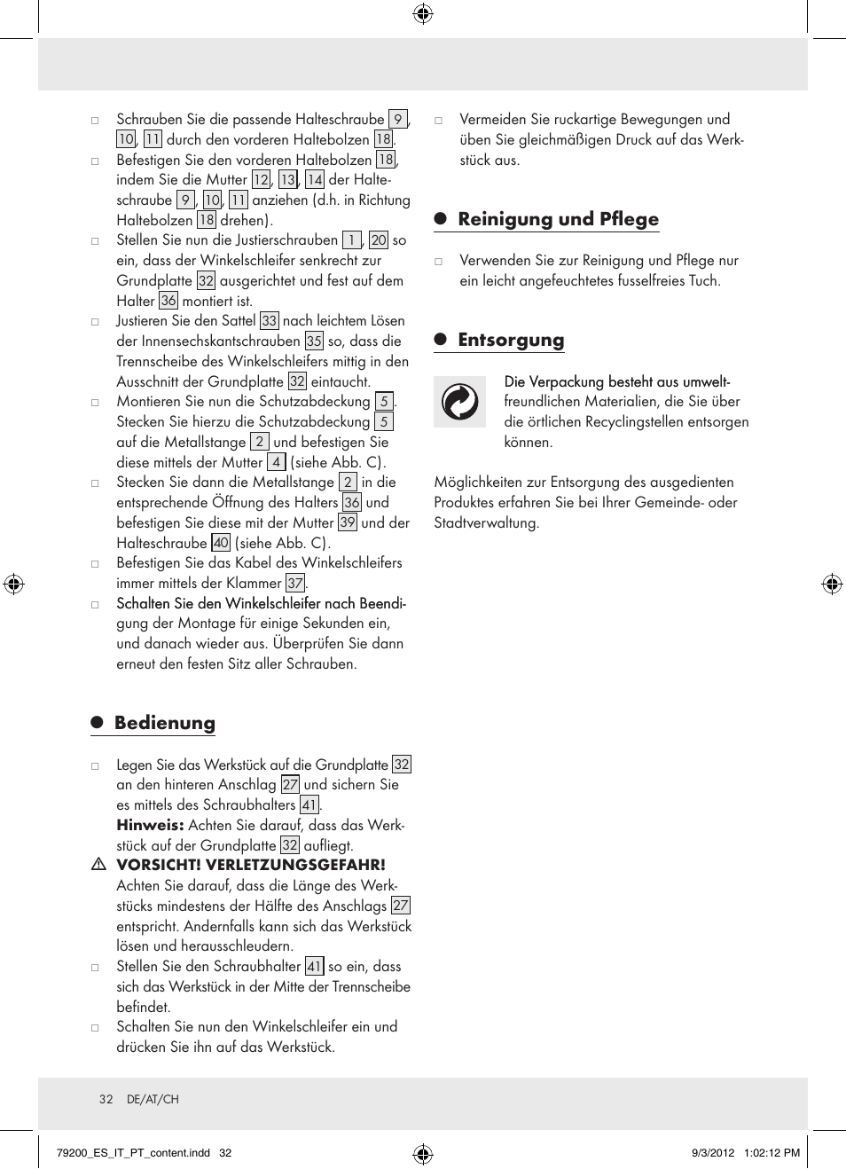 Bedienung, Reinigung und pflege, Entsorgung | Powerfix Z15003 User Manual | Page 32 / 36