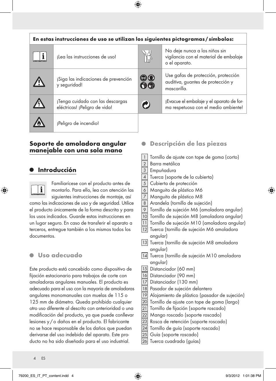 Introducción, Uso adecuado, Descripción de las piezas | Powerfix Z15003 User Manual | Page 4 / 36