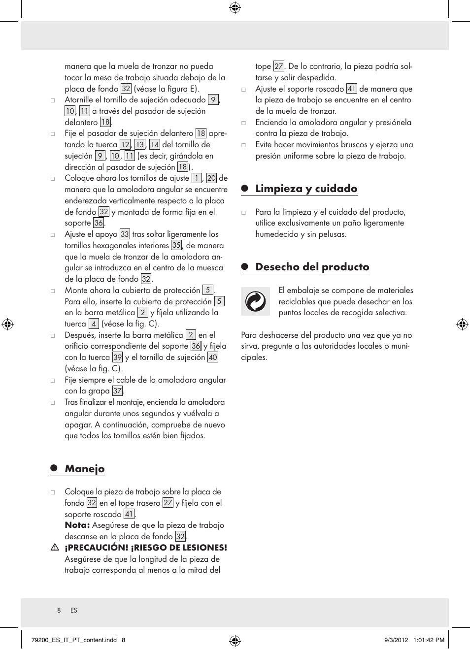 Manejo, Limpieza y cuidado, Desecho del producto | Powerfix Z15003 User Manual | Page 8 / 36