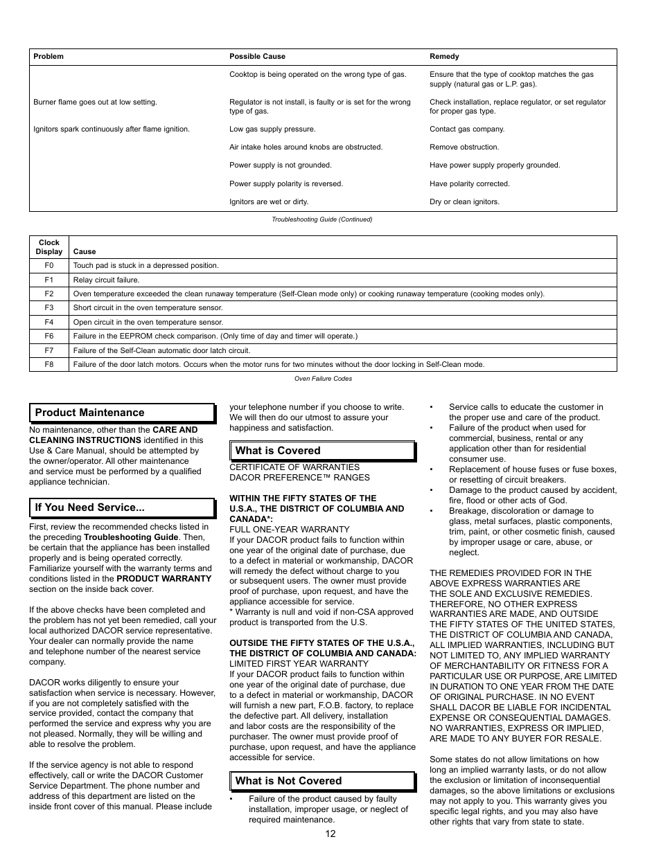 Product maintenance, If you need service, What is covered | What is not covered | Dacor Preference User Manual | Page 14 / 16