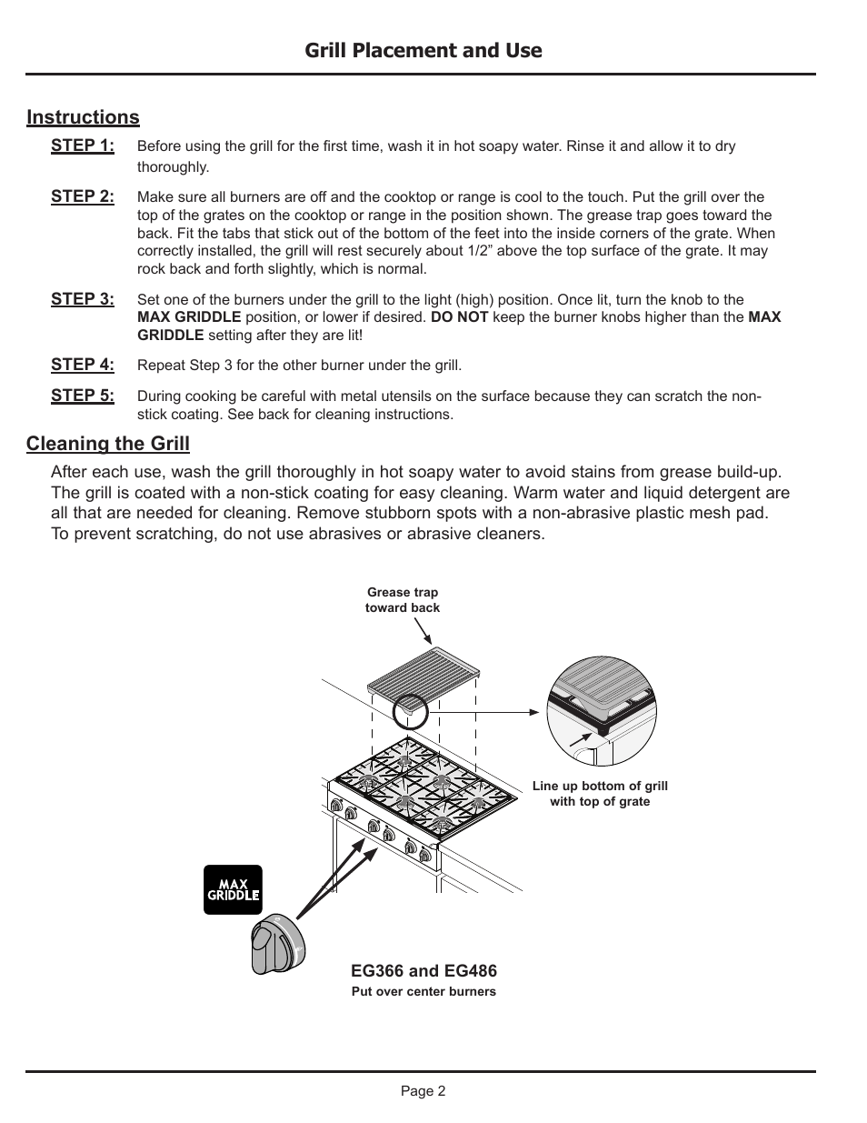 Grill placement and use, Instructions, Cleaning the grill | Dacor EG366 User Manual | Page 2 / 4