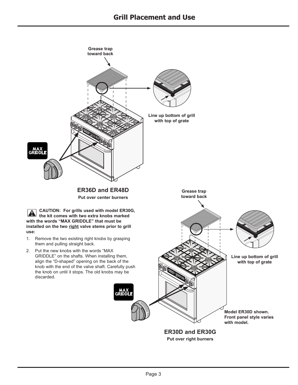 Grill placement and use, Er36d and er48d, Er30d and er30g | Dacor EG366 User Manual | Page 3 / 4