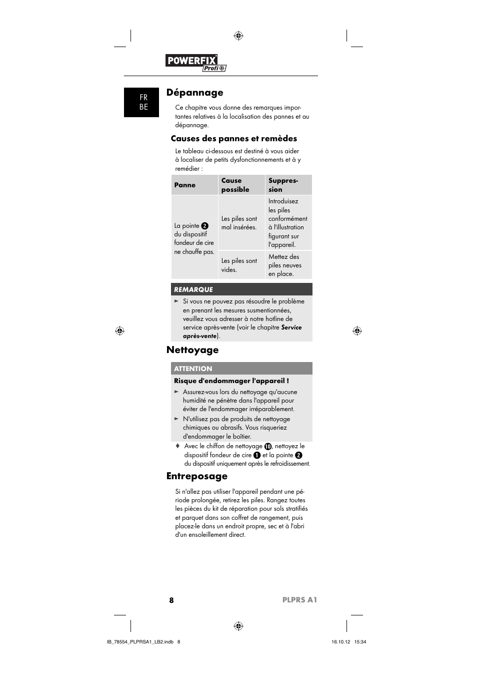 Dépannage, Nettoyage, Entreposage | Fr be, Causes des pannes et remèdes | Powerfix PLPRS A1 User Manual | Page 11 / 33