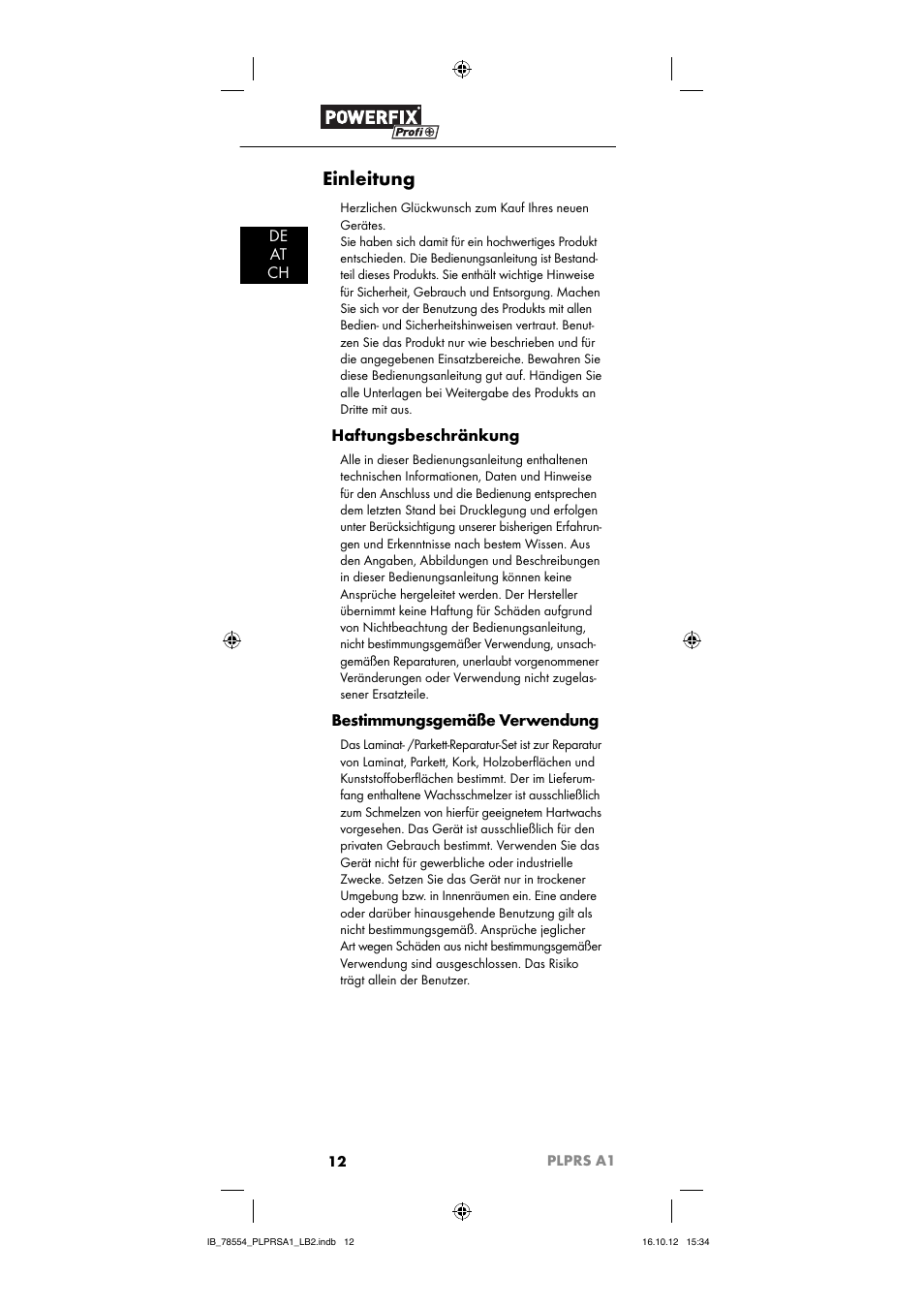 Einleitung, De at ch, Haftungsbeschränkung | Bestimmungsgemäße verwendung | Powerfix PLPRS A1 User Manual | Page 15 / 33