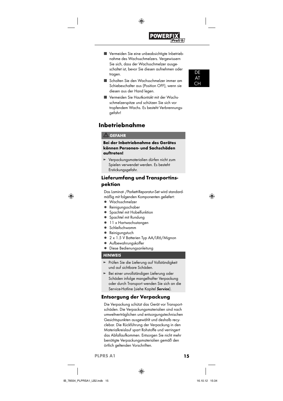 Inbetriebnahme, De at ch, Lieferumfang und transportins- pektion | Entsorgung der verpackung | Powerfix PLPRS A1 User Manual | Page 18 / 33