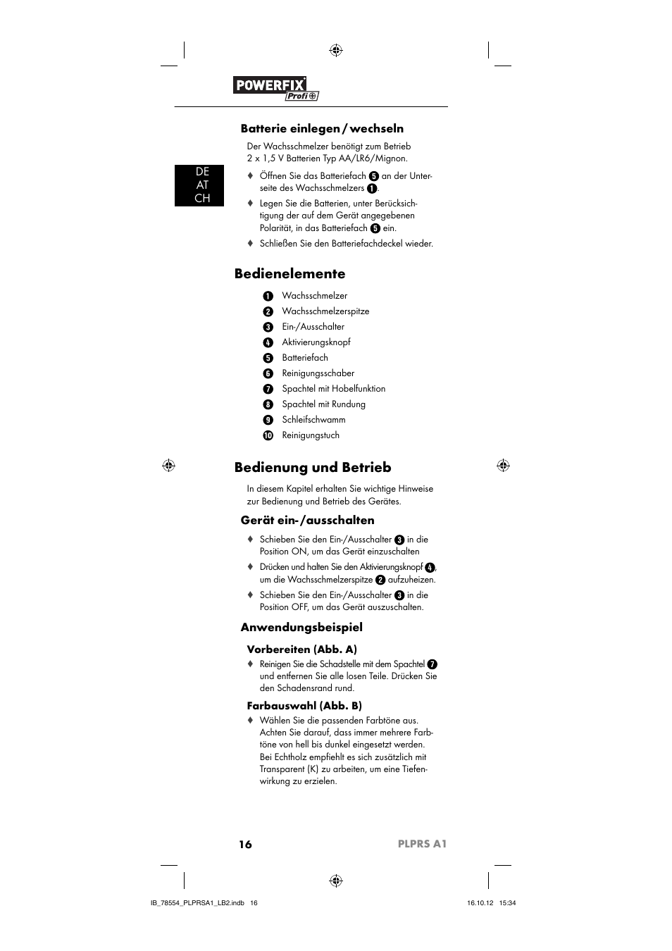 Bedienelemente, Bedienung und betrieb, De at ch batterie einlegen / wechseln | Gerät ein- /ausschalten, Anwendungsbeispiel | Powerfix PLPRS A1 User Manual | Page 19 / 33