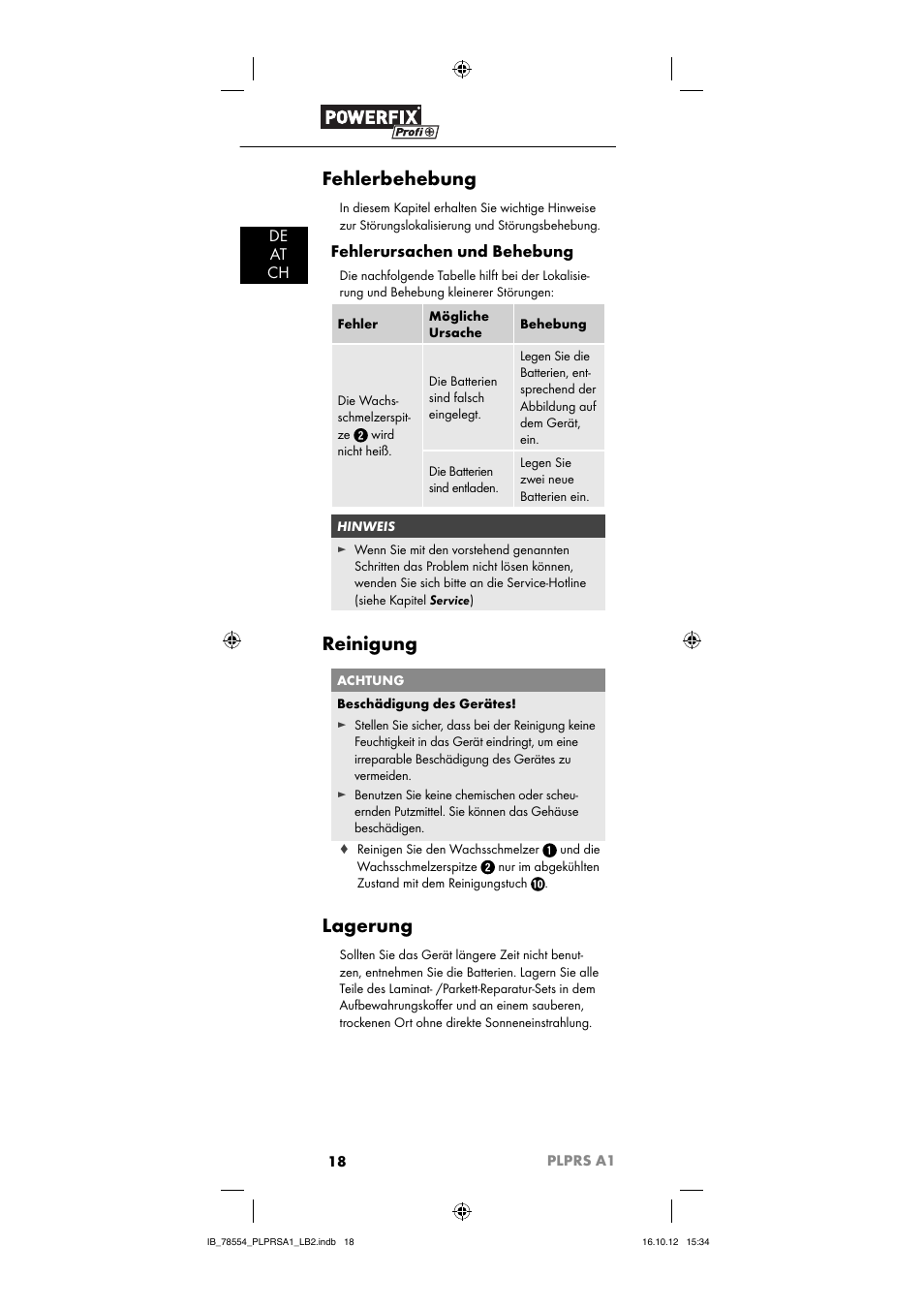 Fehlerbehebung, Reinigung, Lagerung | De at ch, Fehlerursachen und behebung | Powerfix PLPRS A1 User Manual | Page 21 / 33