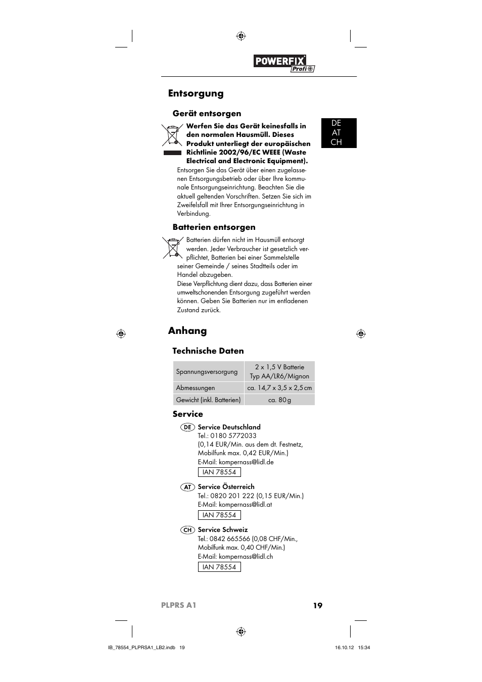 Entsorgung, Anhang, De at ch | Gerät entsorgen, Batterien entsorgen, Technische daten, Service | Powerfix PLPRS A1 User Manual | Page 22 / 33