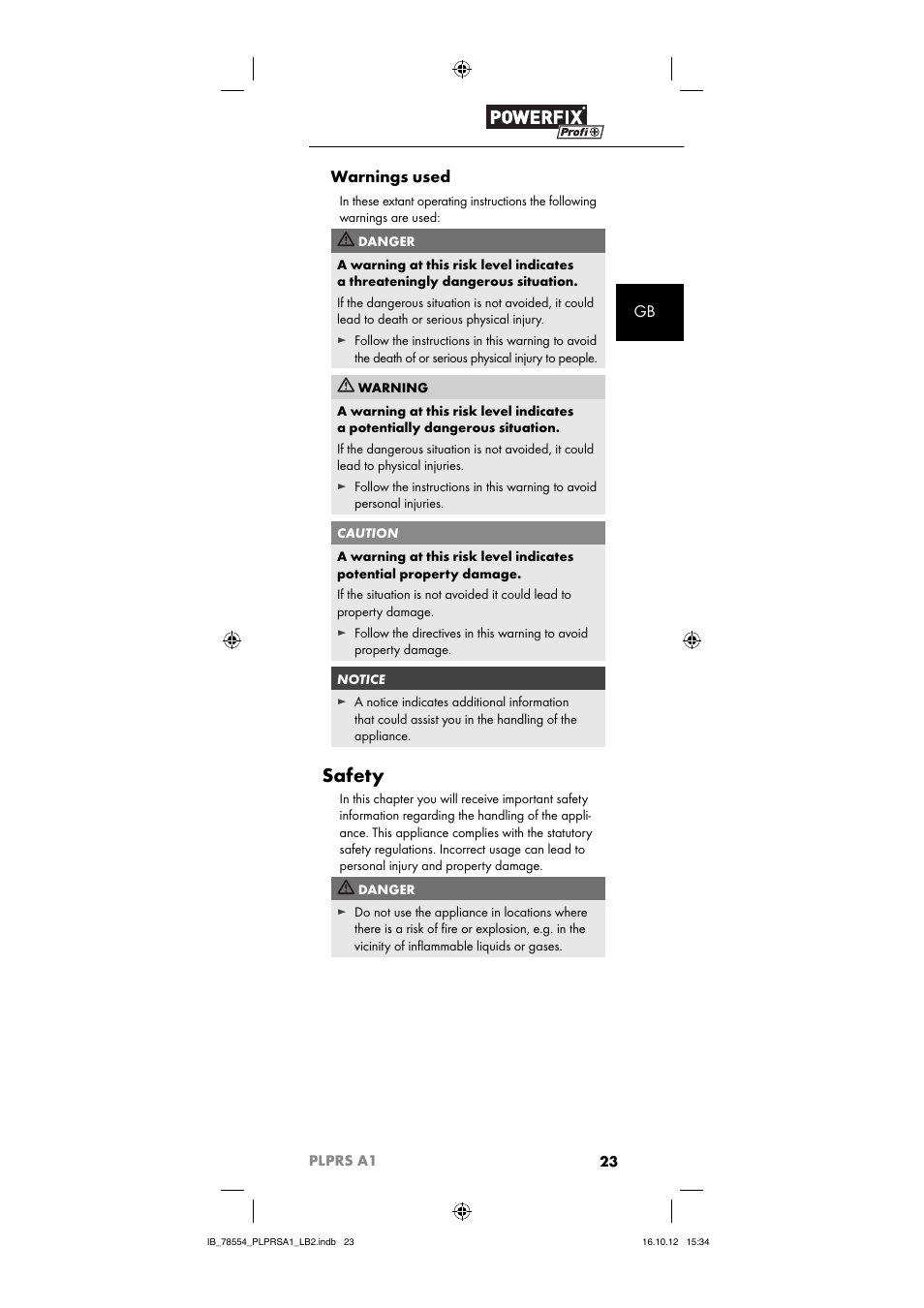 Safety, Gb warnings used | Powerfix PLPRS A1 User Manual | Page 26 / 33