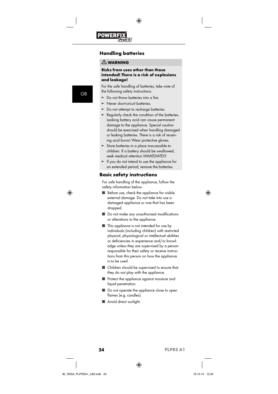 Gb handling batteries, Basic safety instructions | Powerfix PLPRS A1 User Manual | Page 27 / 33