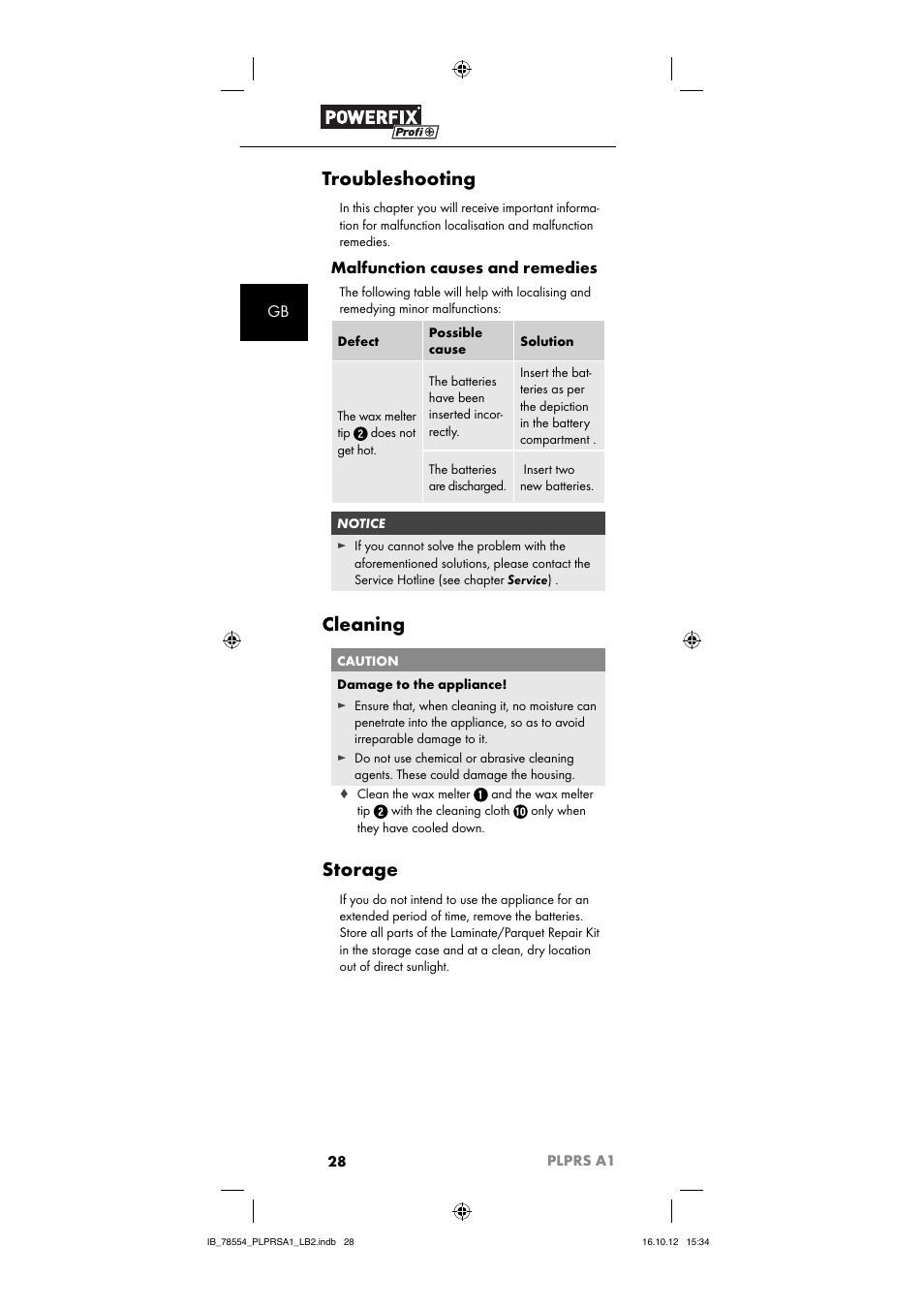 Troubleshooting, Cleaning, Storage | Malfunction causes and remedies | Powerfix PLPRS A1 User Manual | Page 31 / 33