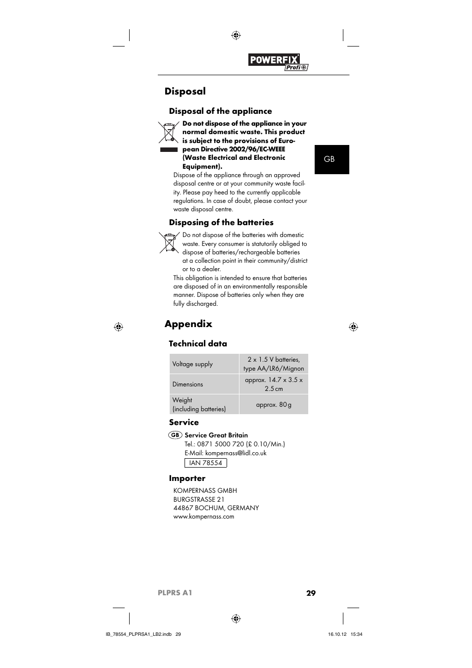 Disposal, Appendix, Disposal of the appliance | Disposing of the batteries, Technical data, Service, Importer | Powerfix PLPRS A1 User Manual | Page 32 / 33