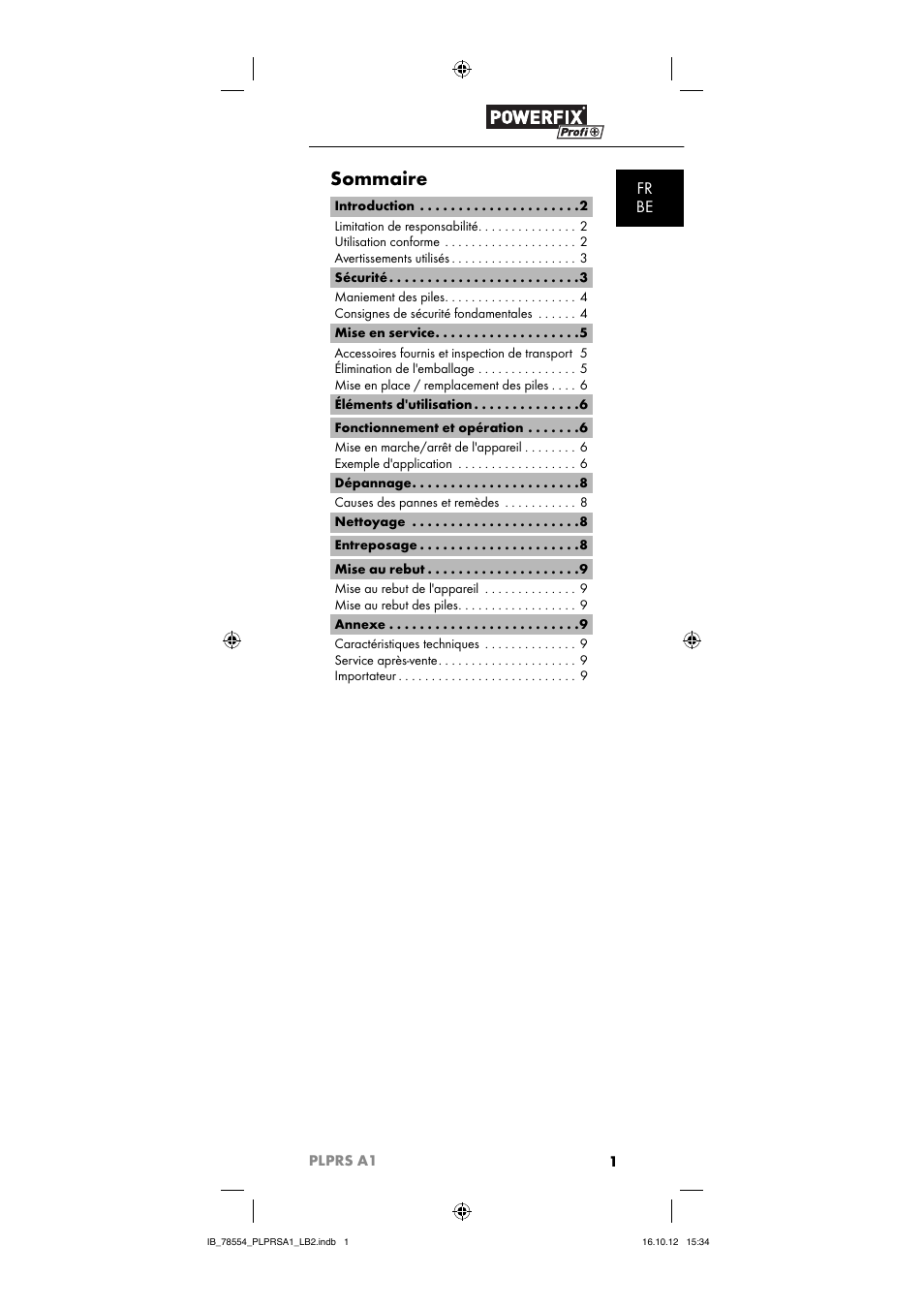 Sommaire, Fr be, 1plprs a1 | Powerfix PLPRS A1 User Manual | Page 4 / 33