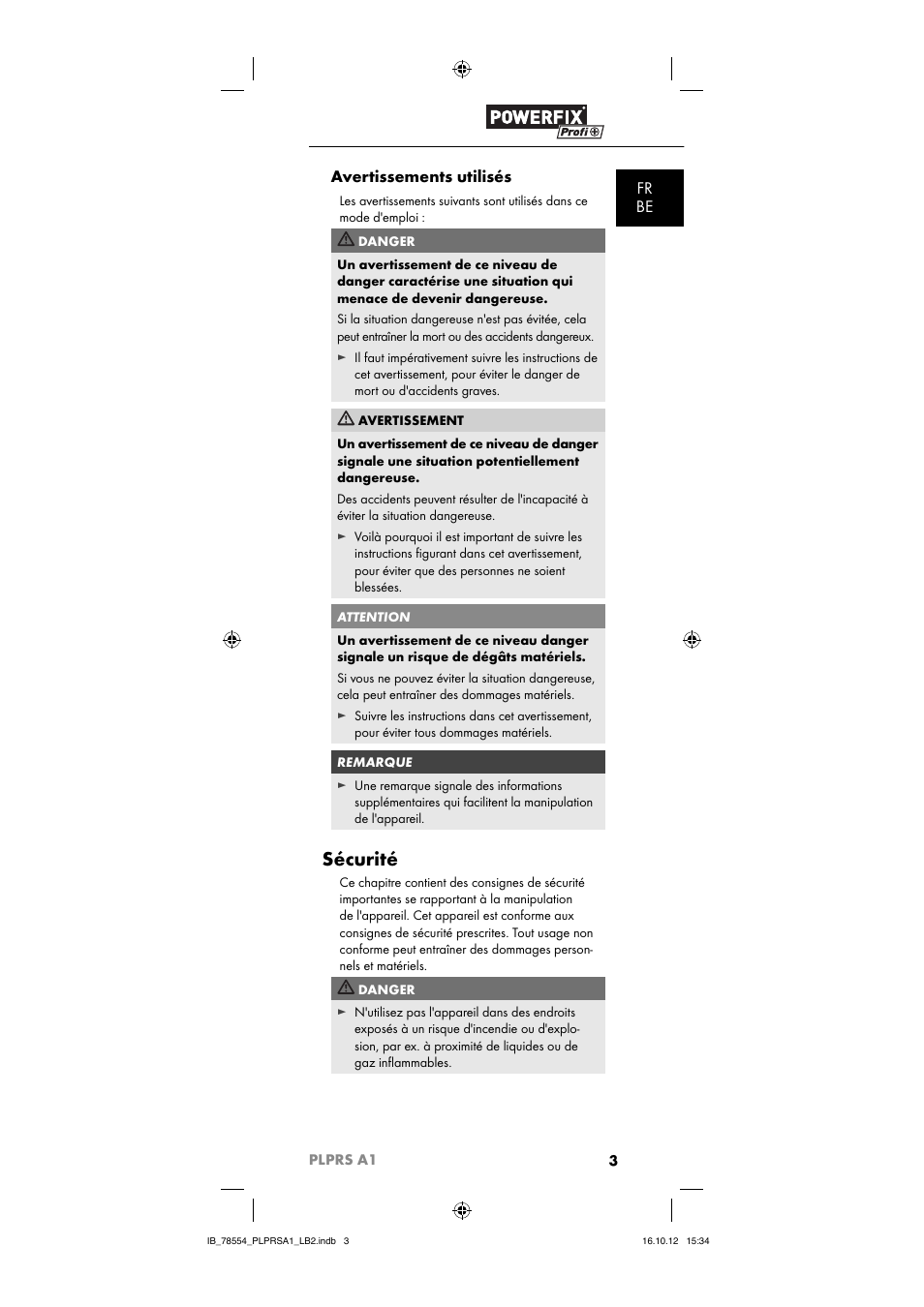 Sécurité, Fr be avertissements utilisés | Powerfix PLPRS A1 User Manual | Page 6 / 33