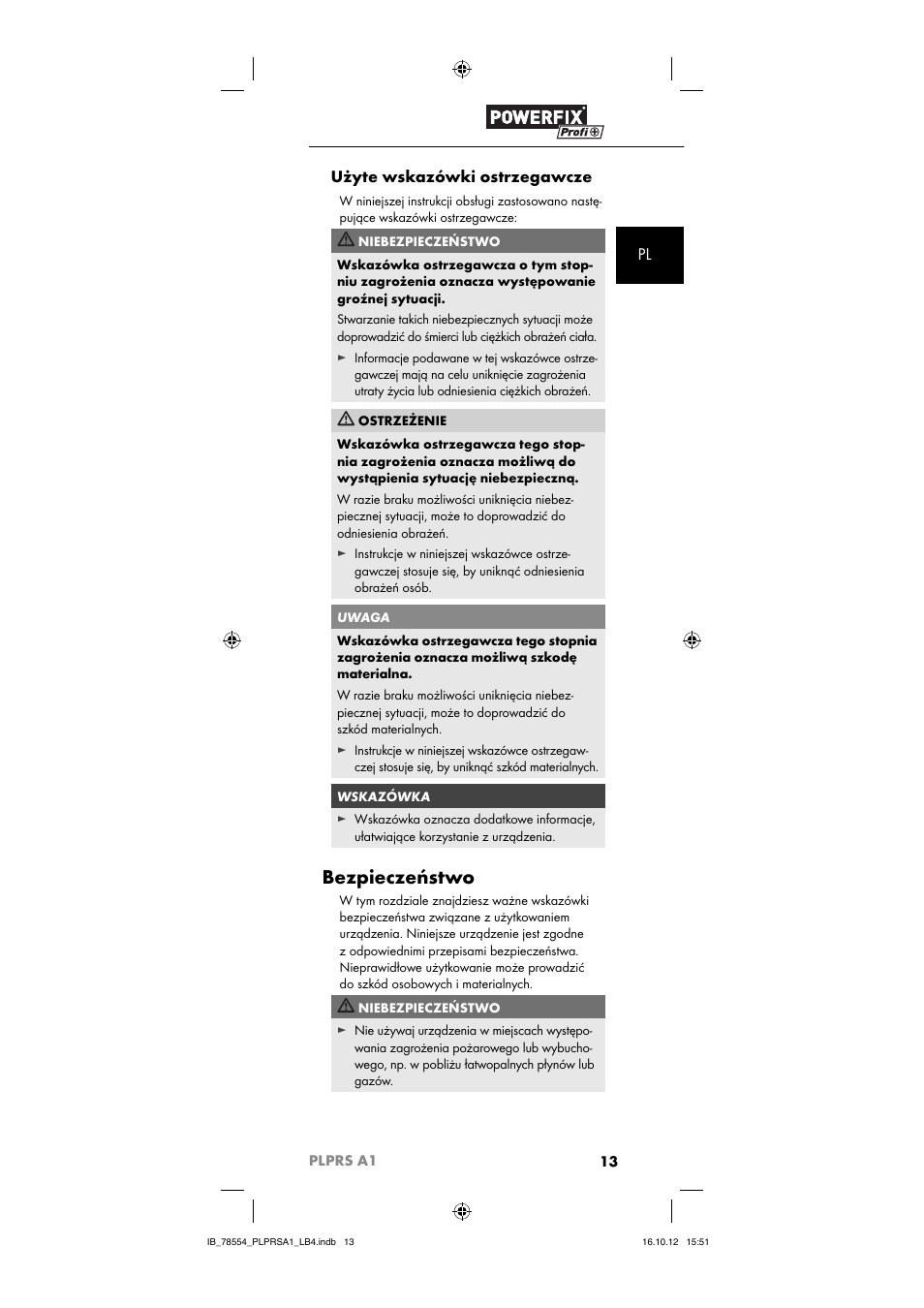 Bezpieczeństwo, Pl użyte wskazówki ostrzegawcze | Powerfix PLPRS A1 User Manual | Page 16 / 64
