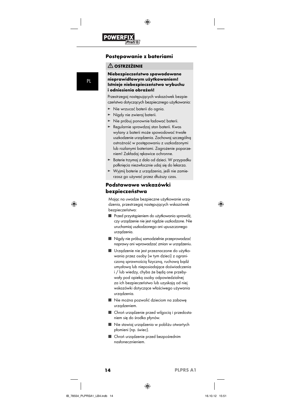 Pl postępowanie z bateriami, Podstawowe wskazówki bezpieczeństwa | Powerfix PLPRS A1 User Manual | Page 17 / 64