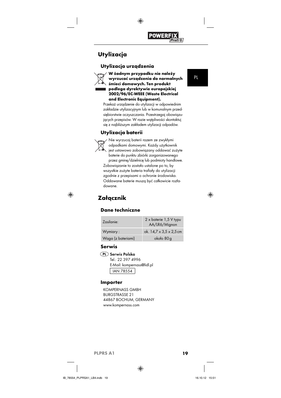 Utylizacja, Załącznik, Utylizacja urządzenia | Utylizacja baterii, Dane techniczne, Serwis, Importer | Powerfix PLPRS A1 User Manual | Page 22 / 64