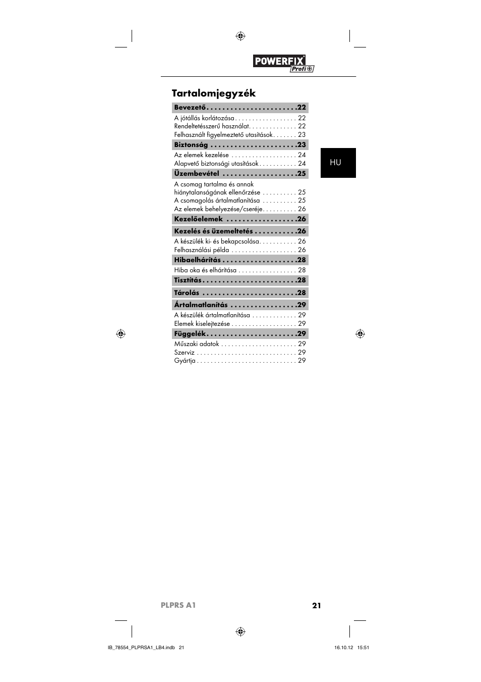 Tartalomjegyzék, 21 plprs a1 | Powerfix PLPRS A1 User Manual | Page 24 / 64