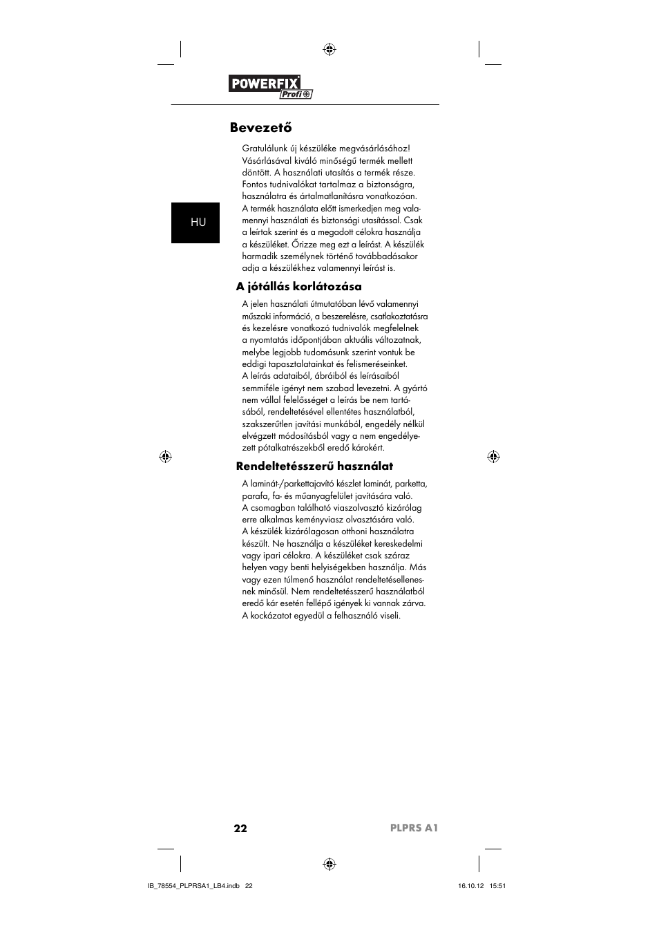 Bevezető, A jótállás korlátozása, Rendeltetésszerű használat | Powerfix PLPRS A1 User Manual | Page 25 / 64