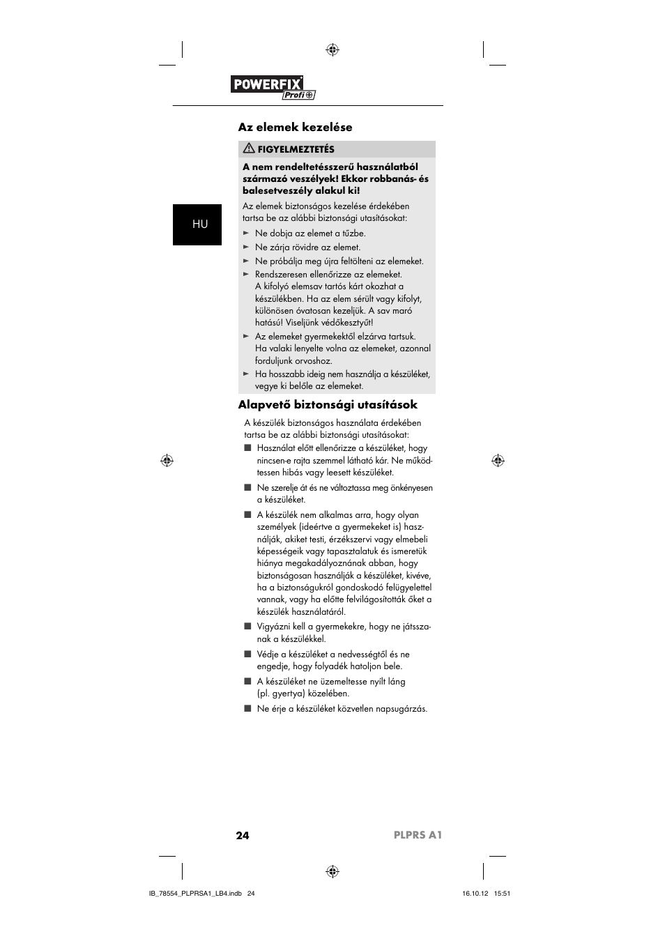 Hu az elemek kezelése, Alapvető biztonsági utasítások | Powerfix PLPRS A1 User Manual | Page 27 / 64