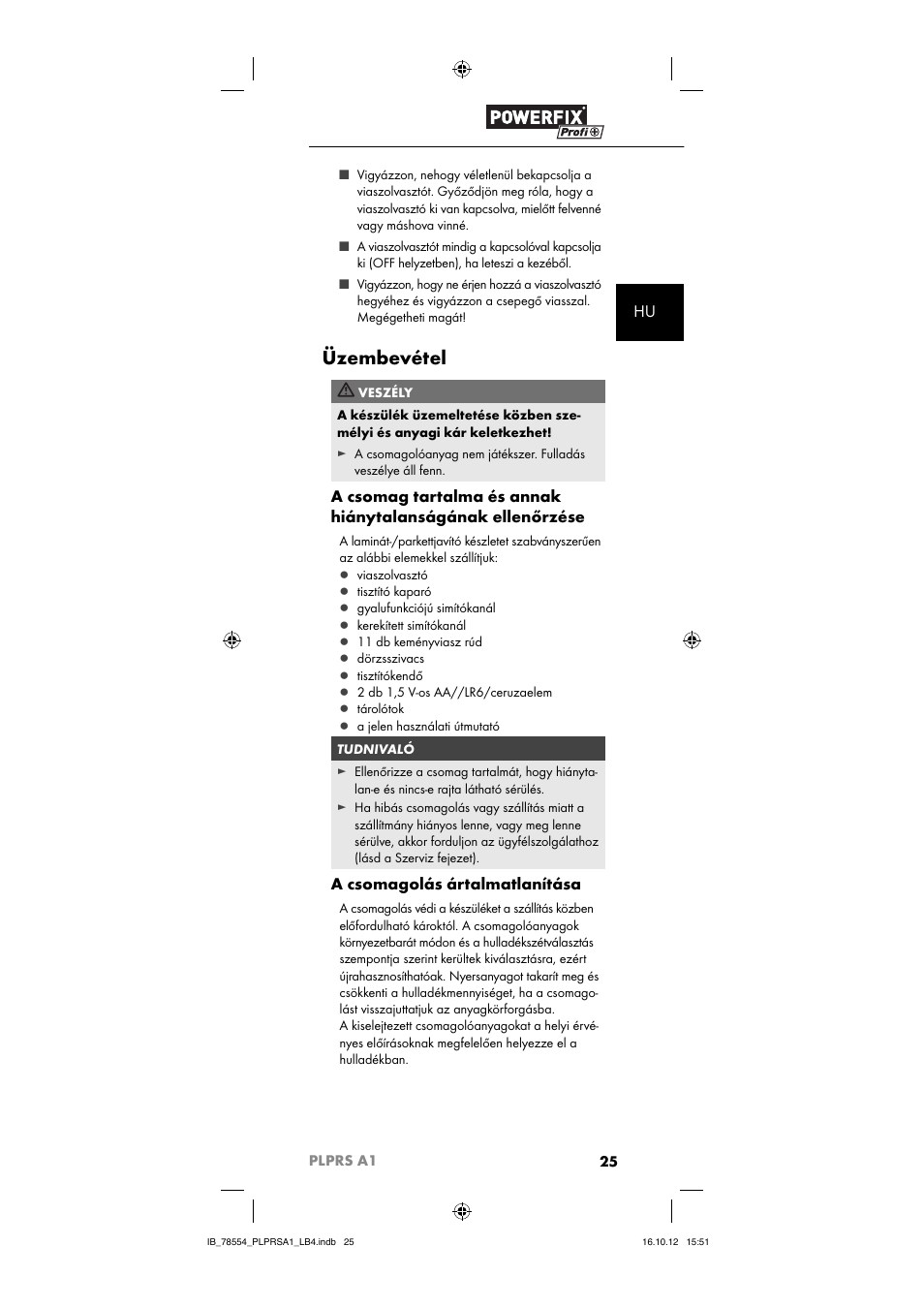 Üzembevétel, A csomagolás ártalmatlanítása | Powerfix PLPRS A1 User Manual | Page 28 / 64