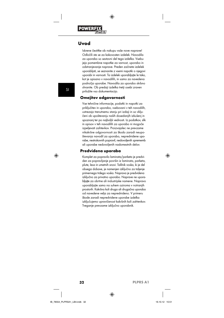 Uvod, Omejitev odgovornosti, Predvidena uporaba | Powerfix PLPRS A1 User Manual | Page 35 / 64