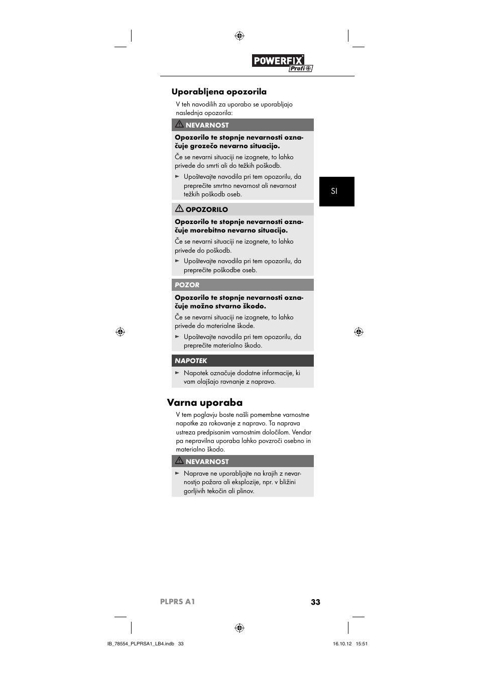 Varna uporaba, Si uporabljena opozorila | Powerfix PLPRS A1 User Manual | Page 36 / 64