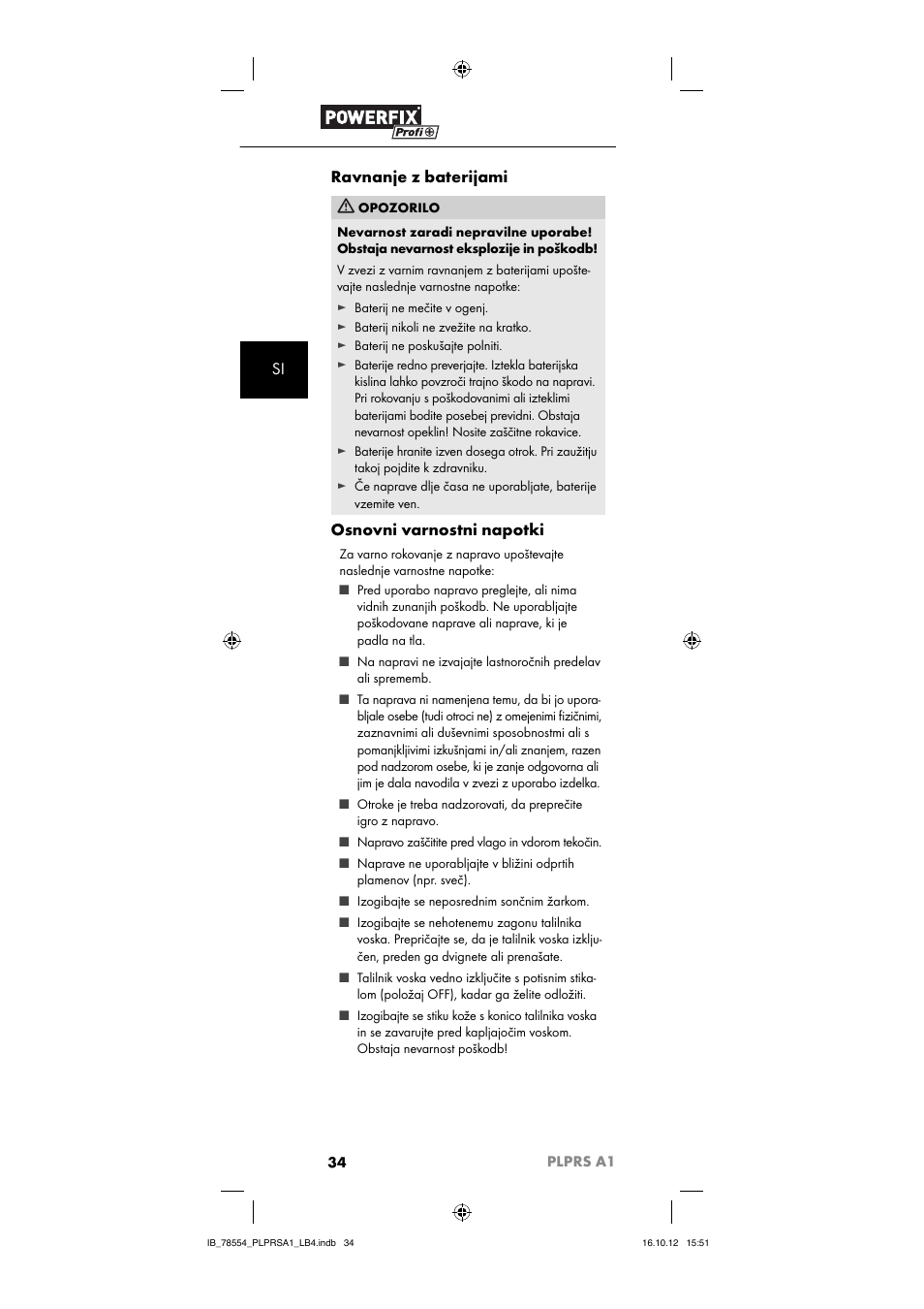 Si ravnanje z baterijami, Osnovni varnostni napotki | Powerfix PLPRS A1 User Manual | Page 37 / 64