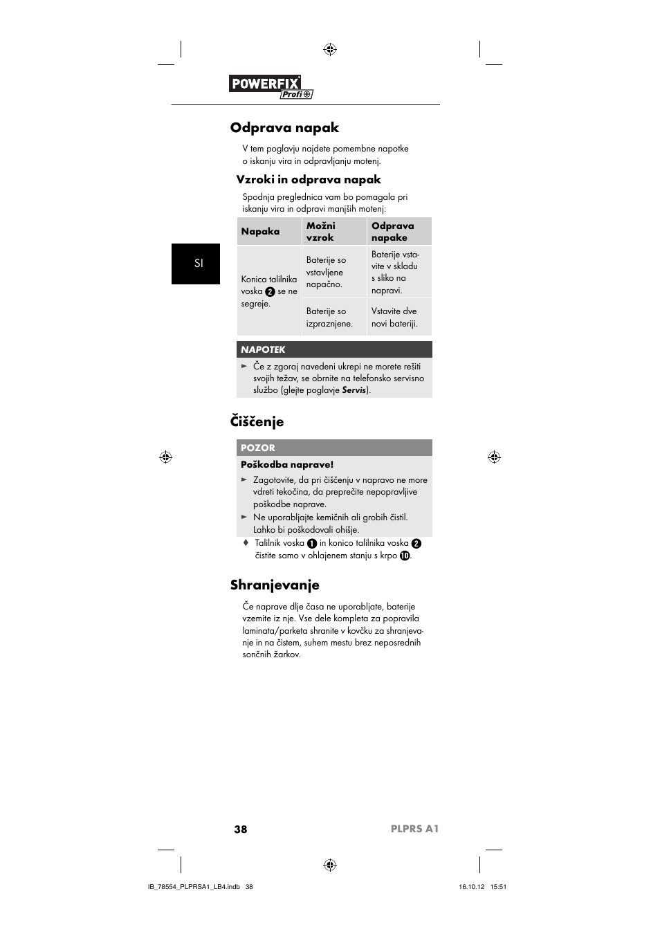 Odprava napak, Čiščenje, Shranjevanje | Vzroki in odprava napak | Powerfix PLPRS A1 User Manual | Page 41 / 64