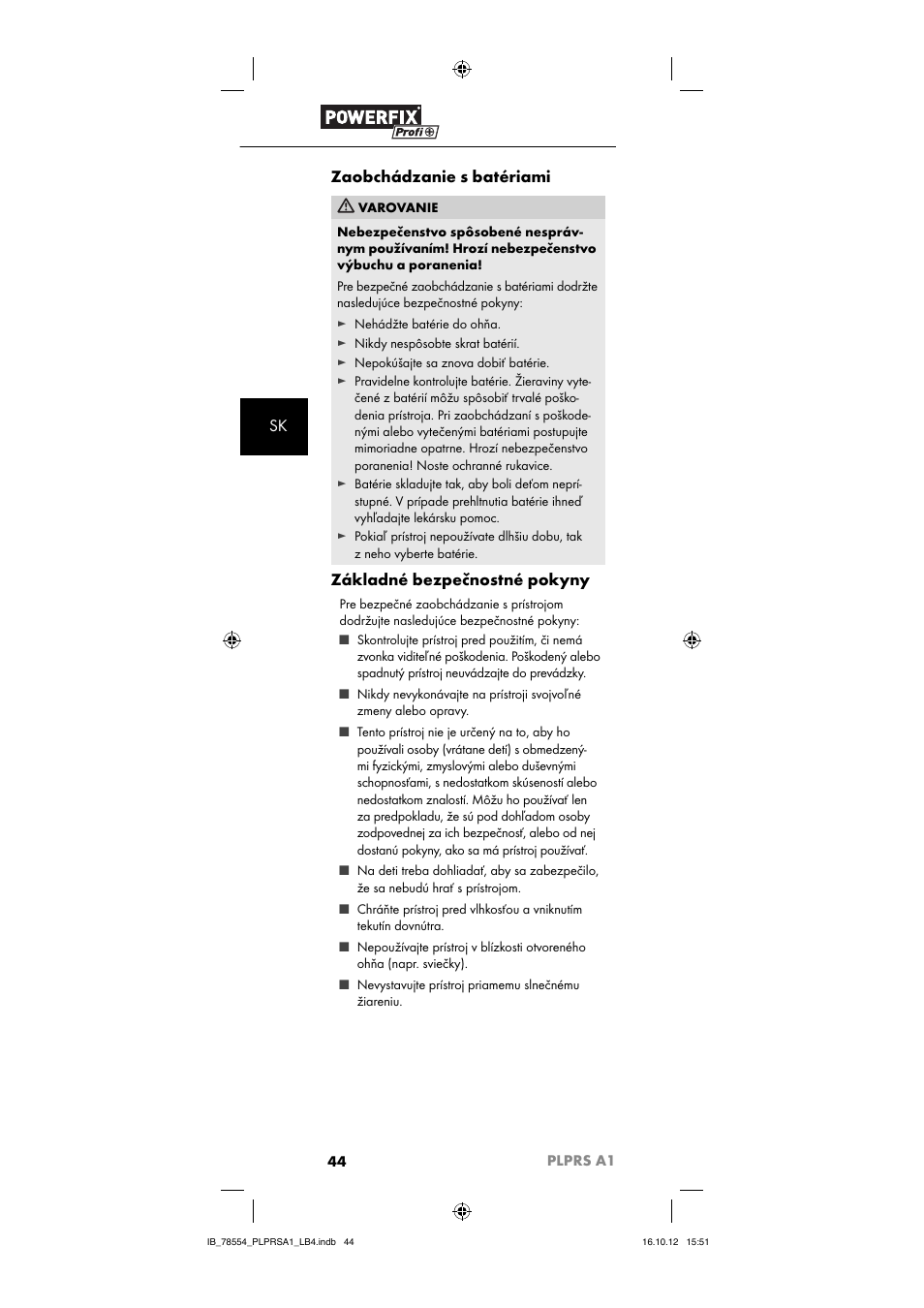 Sk zaobchádzanie s batériami, Základné bezpečnostné pokyny | Powerfix PLPRS A1 User Manual | Page 47 / 64