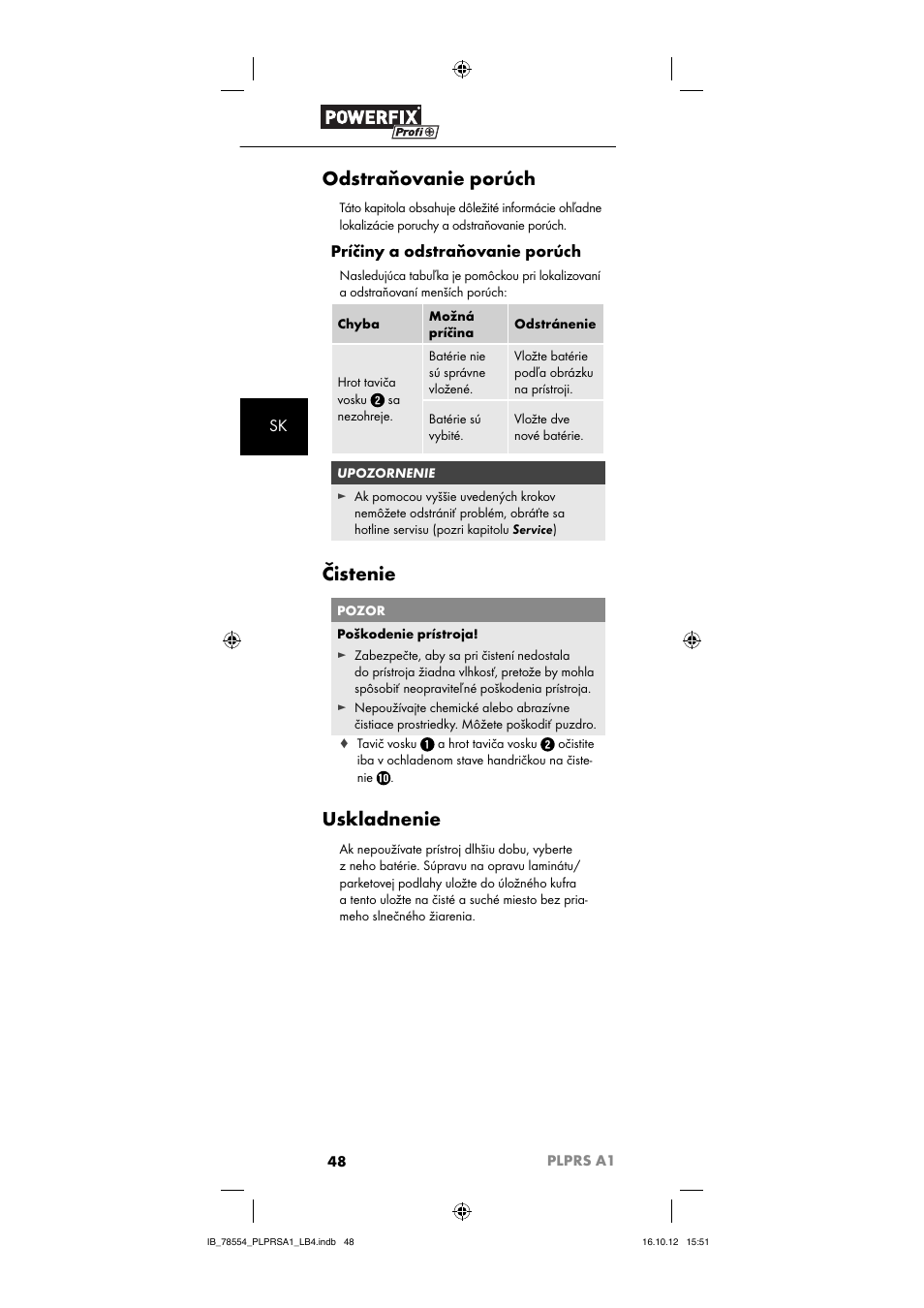 Odstraňovanie porúch, Čistenie, Uskladnenie | Príčiny a odstraňovanie porúch | Powerfix PLPRS A1 User Manual | Page 51 / 64