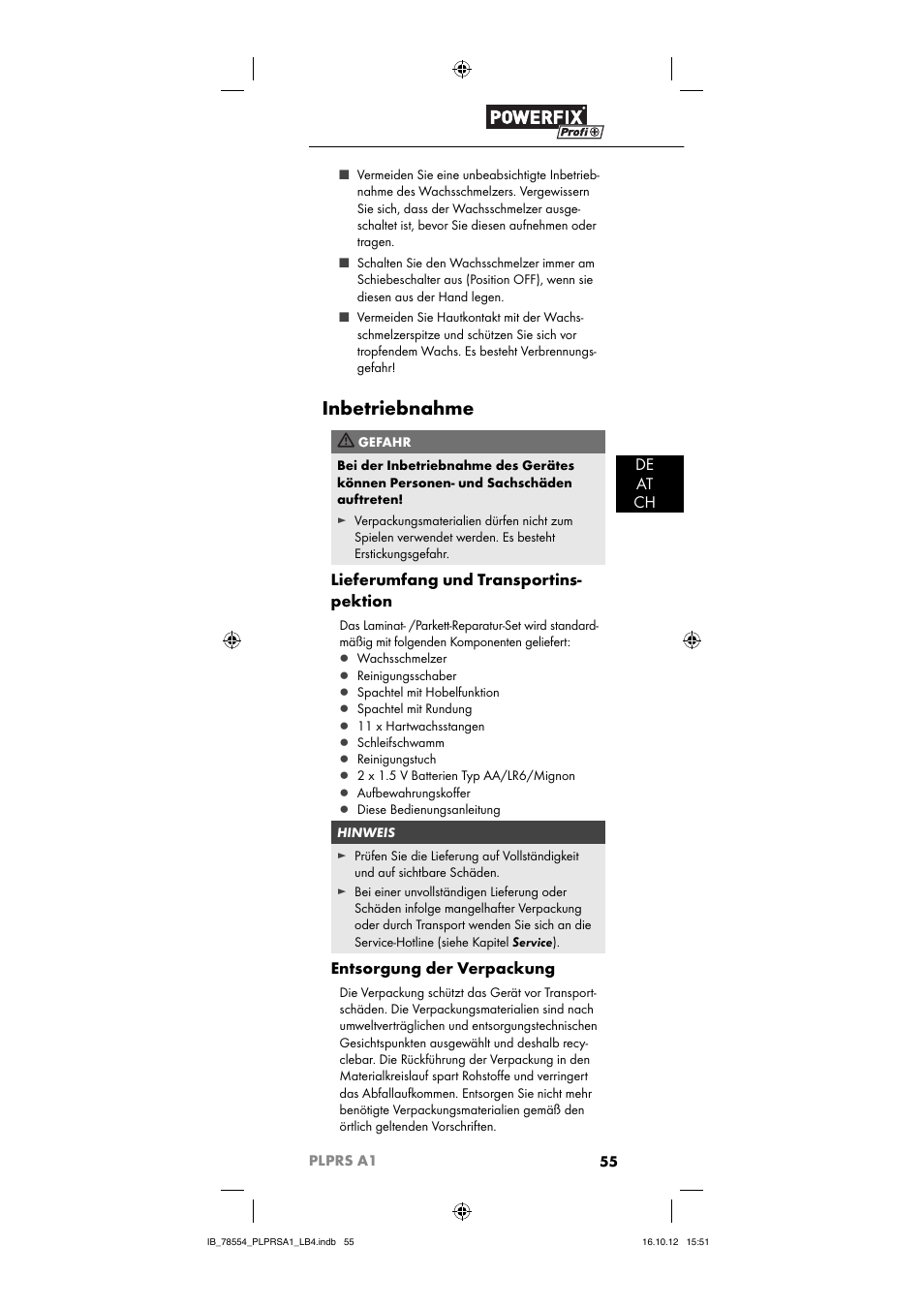 Inbetriebnahme, De at ch, Lieferumfang und transportins- pektion | Entsorgung der verpackung | Powerfix PLPRS A1 User Manual | Page 58 / 64