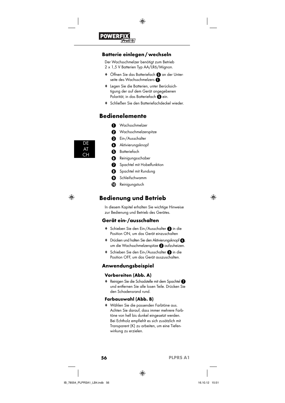 Bedienelemente, Bedienung und betrieb, De at ch batterie einlegen / wechseln | Gerät ein- /ausschalten, Anwendungsbeispiel | Powerfix PLPRS A1 User Manual | Page 59 / 64